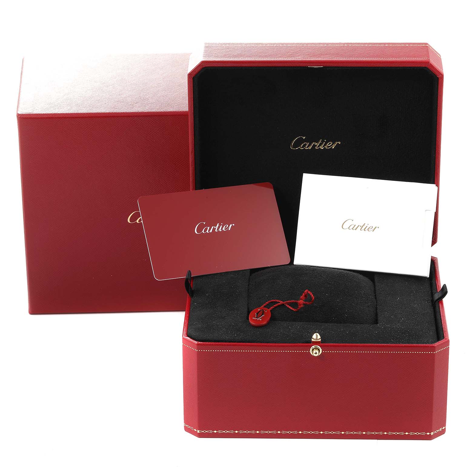 The image shows the packaging and accessories for the Cartier Ballon Bleu W2BB0029 Women
s Steel and Gold (two tone) Silver Dial W2BB0029 Women
s Steel and Gold (two tone) Silver Dial model, including a red box, cushion, and documentation.