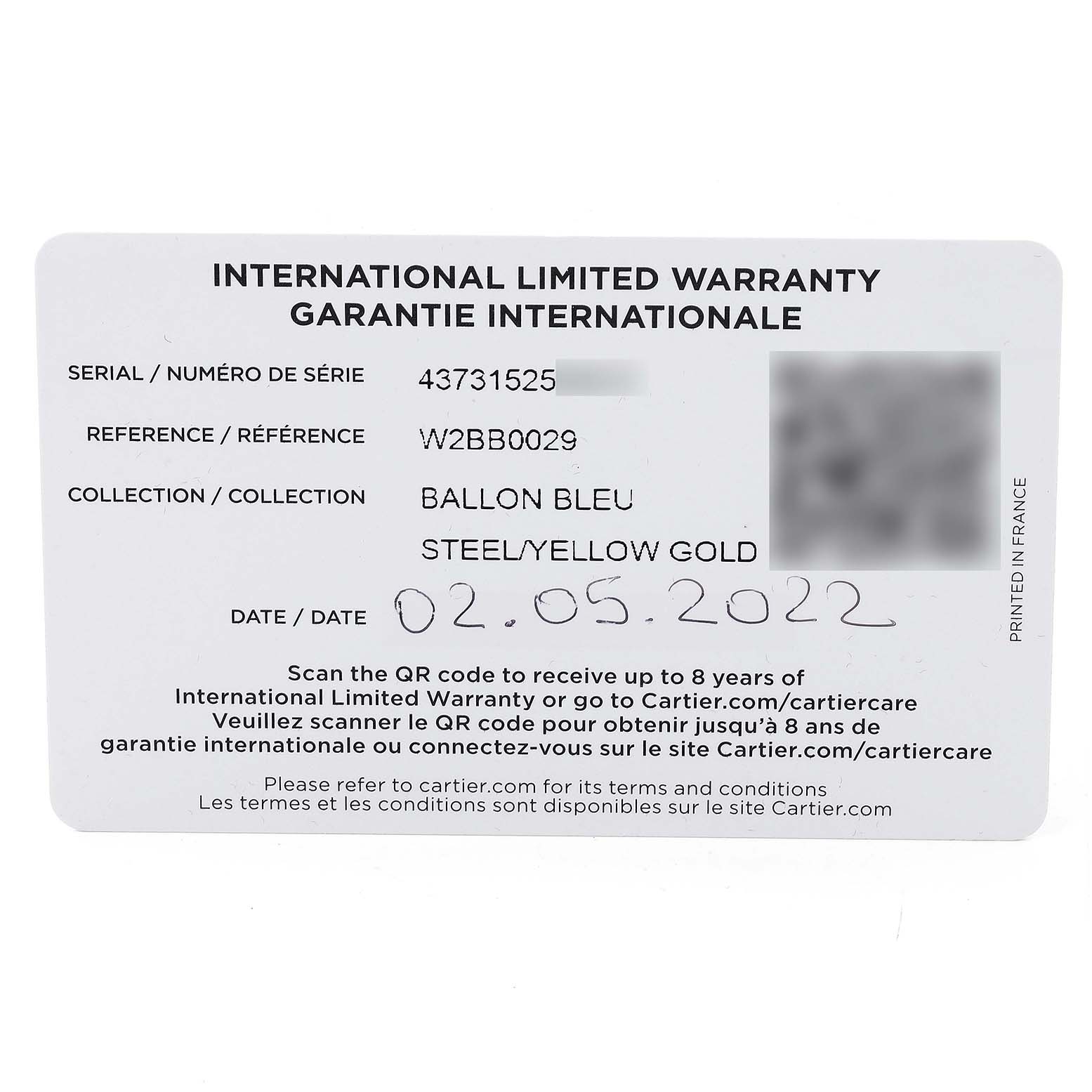 The image shows the warranty card for a Ballon Bleu model by Cartier in steel/yellow gold.