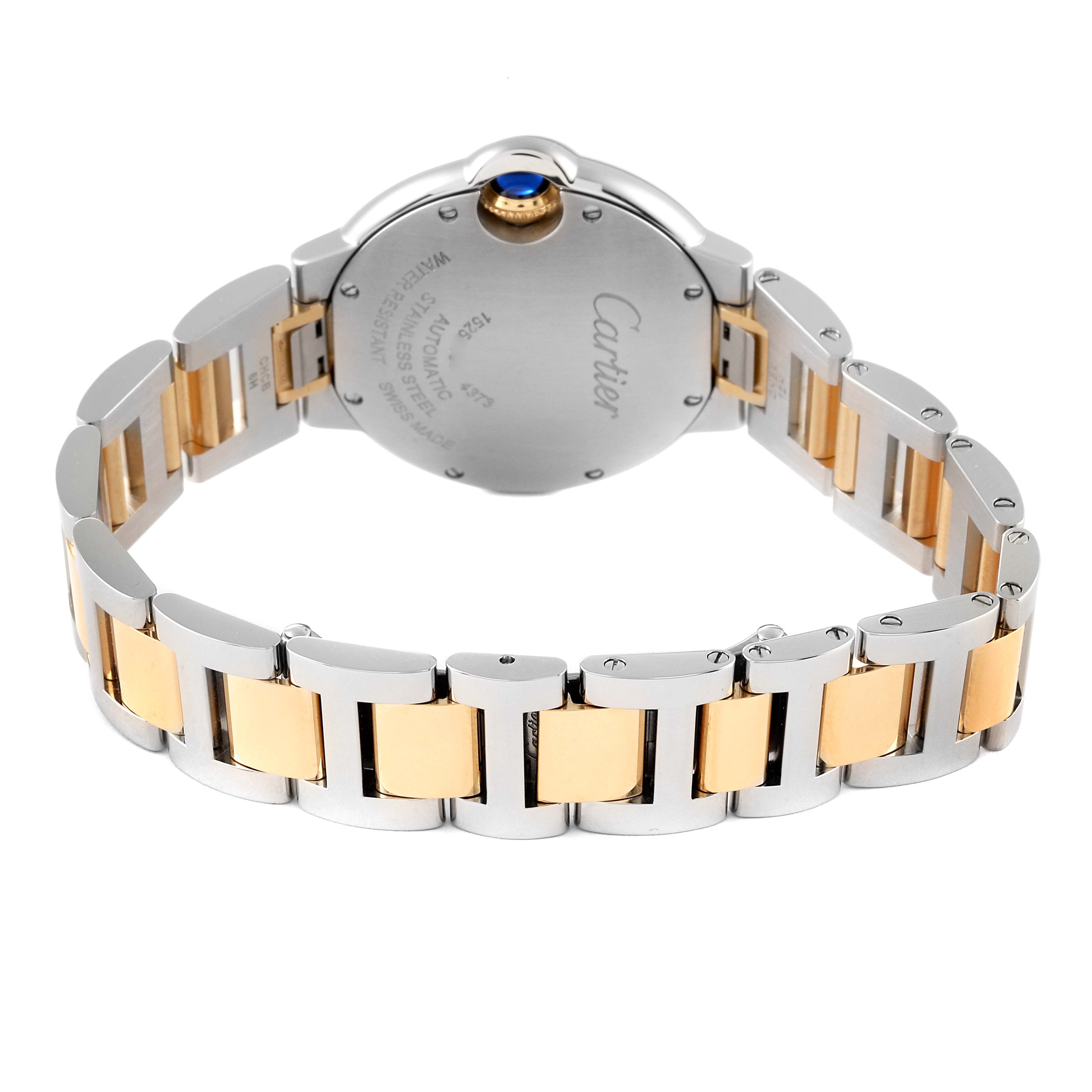 The image shows the back and bracelet of the Ballon Bleu watch by Cartier from a rear angle.