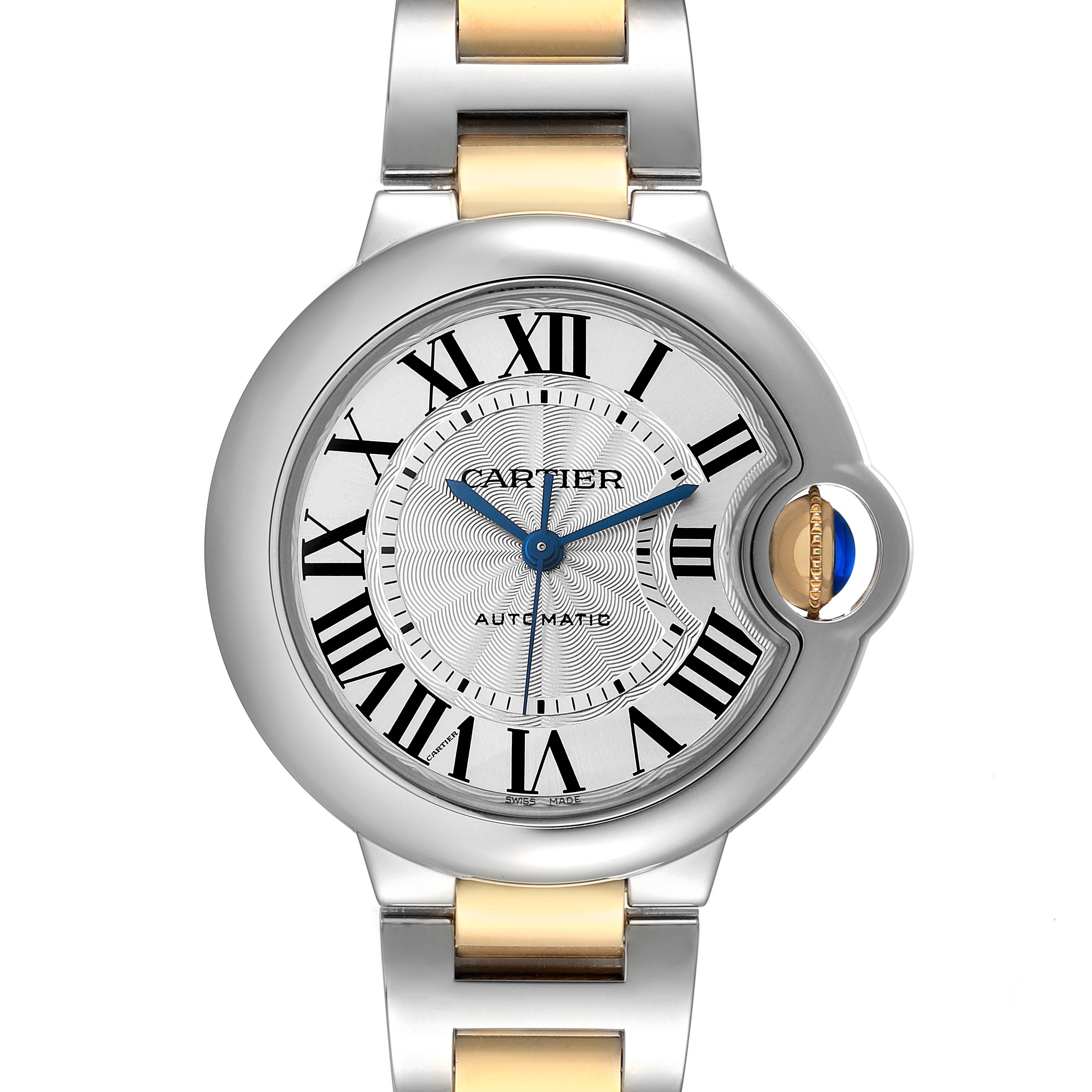 The image shows a front view of a Ballon Bleu model by Cartier, highlighting the face, bracelet, and crown.