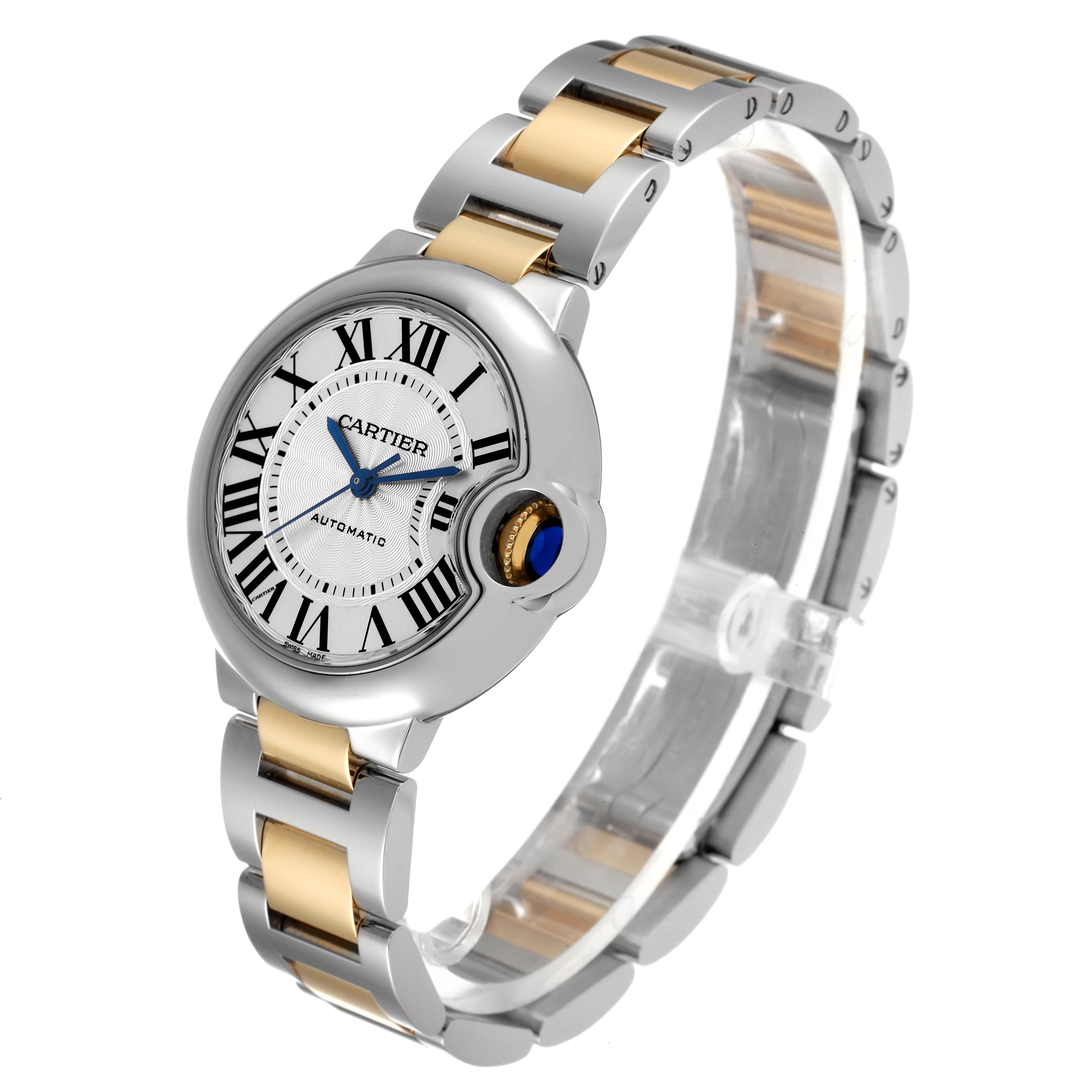 The Cartier Ballon Bleu W2BB0029 Women
s Steel and Gold (two tone) Silver Dial W2BB0029 Women
s Steel and Gold (two tone) Silver Dial watch is shown at a side angle, highlighting its face, bezel, and two-tone bracelet.
