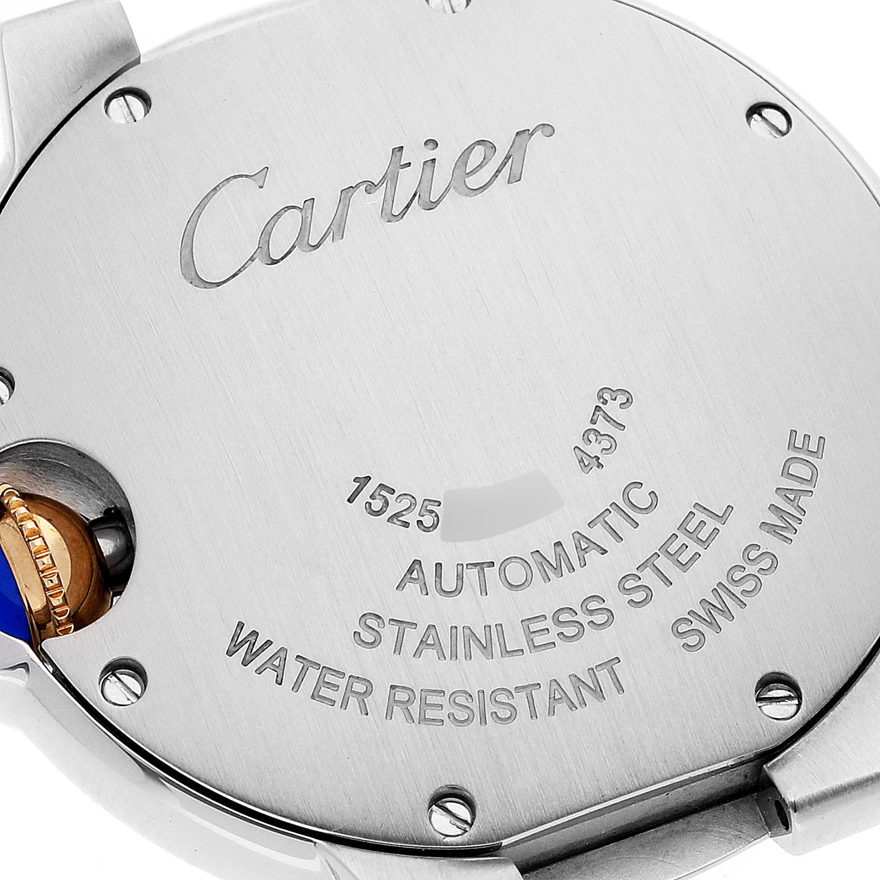 This image shows the back casing of a Ballon Bleu by Cartier watch, highlighting engravings and screws.
