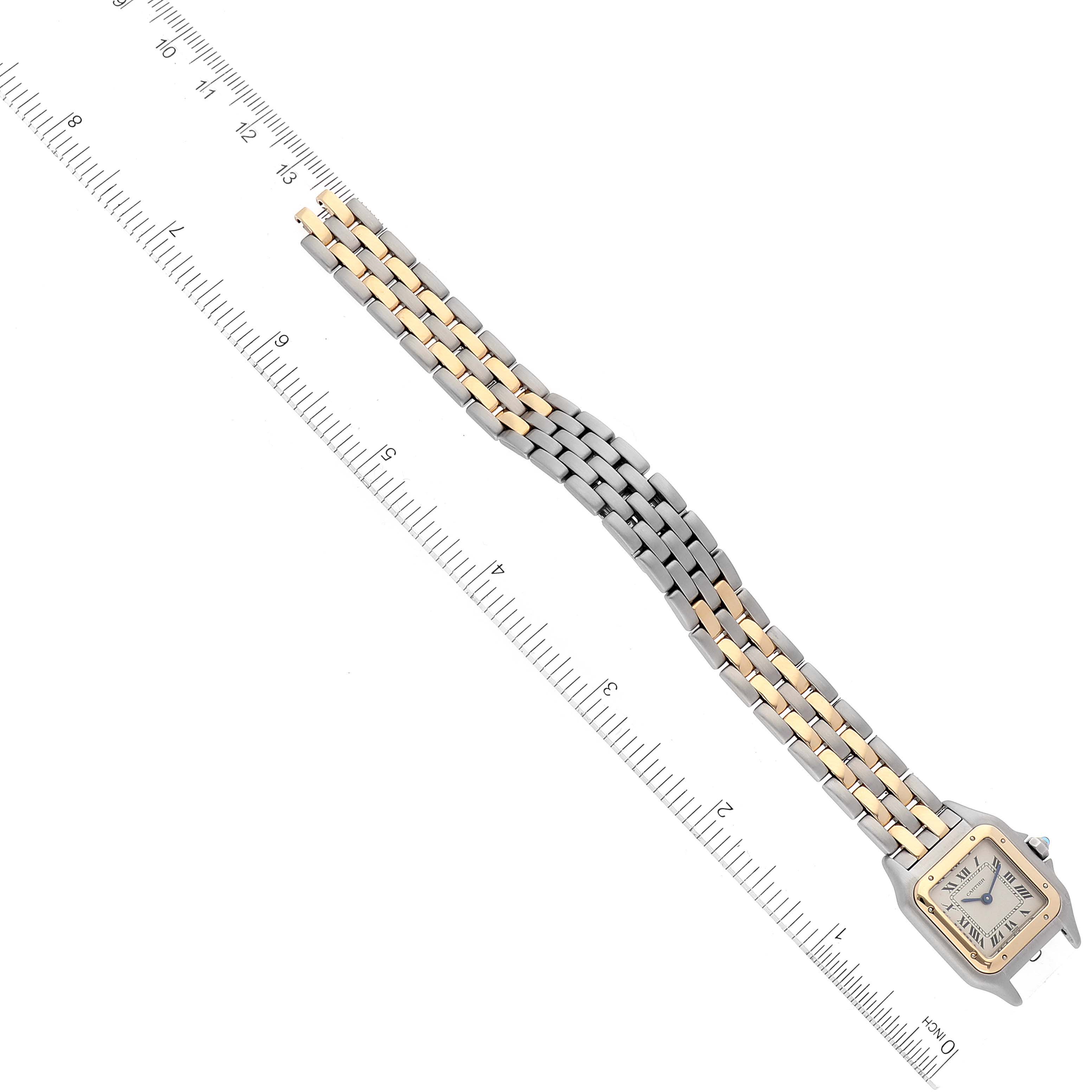 The image shows a Cartier Panthere W25029B6 Women's Steel and Gold (two tone) Silver Dial W25029B6 Women's Steel and Gold (two tone) Silver Dial watch, displaying the entire watch laid flat, along with a ruler emphasizing its length.