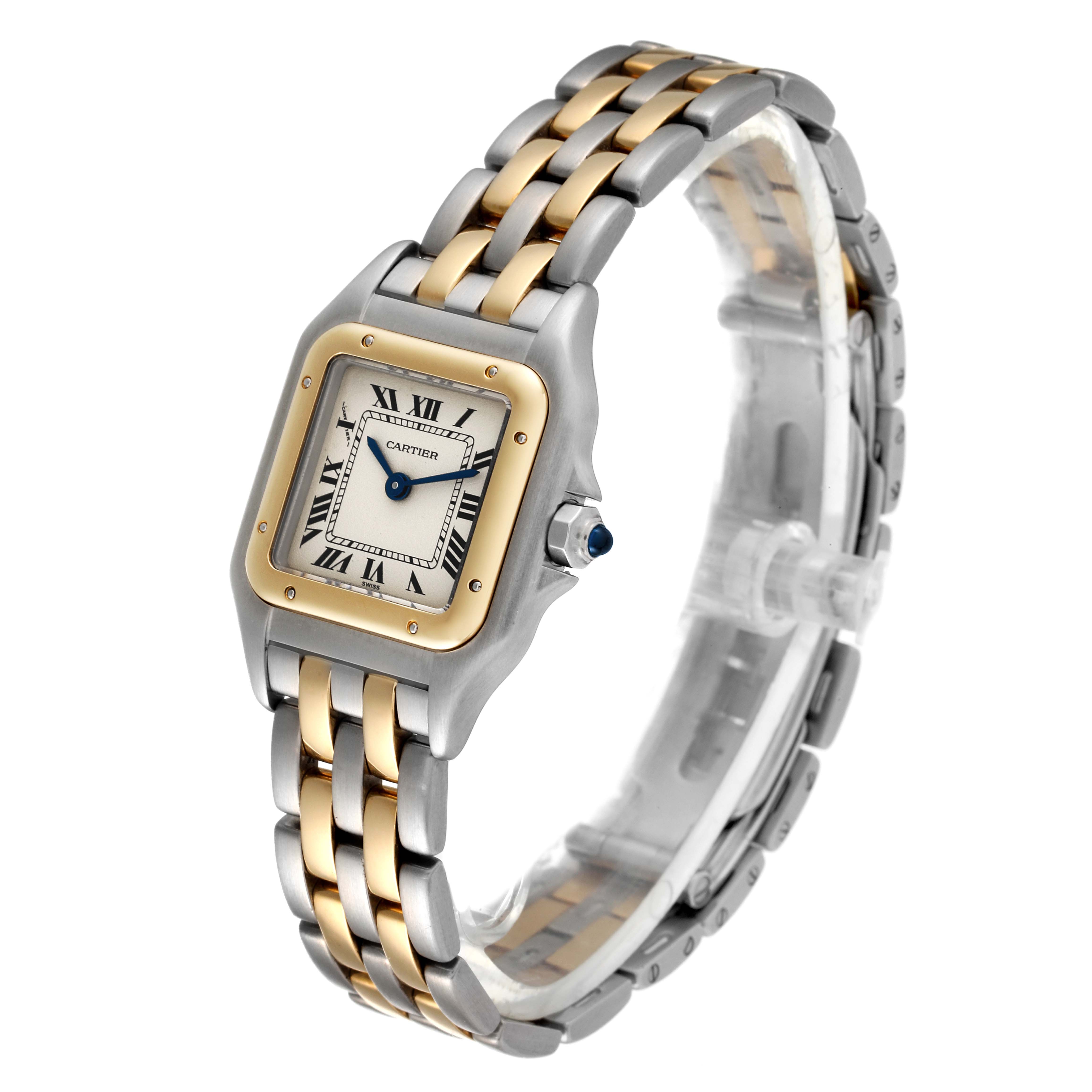 The image shows a tilted side angle of the Cartier Panthère watch, displaying its face, bezel, crown, and two-tone bracelet.