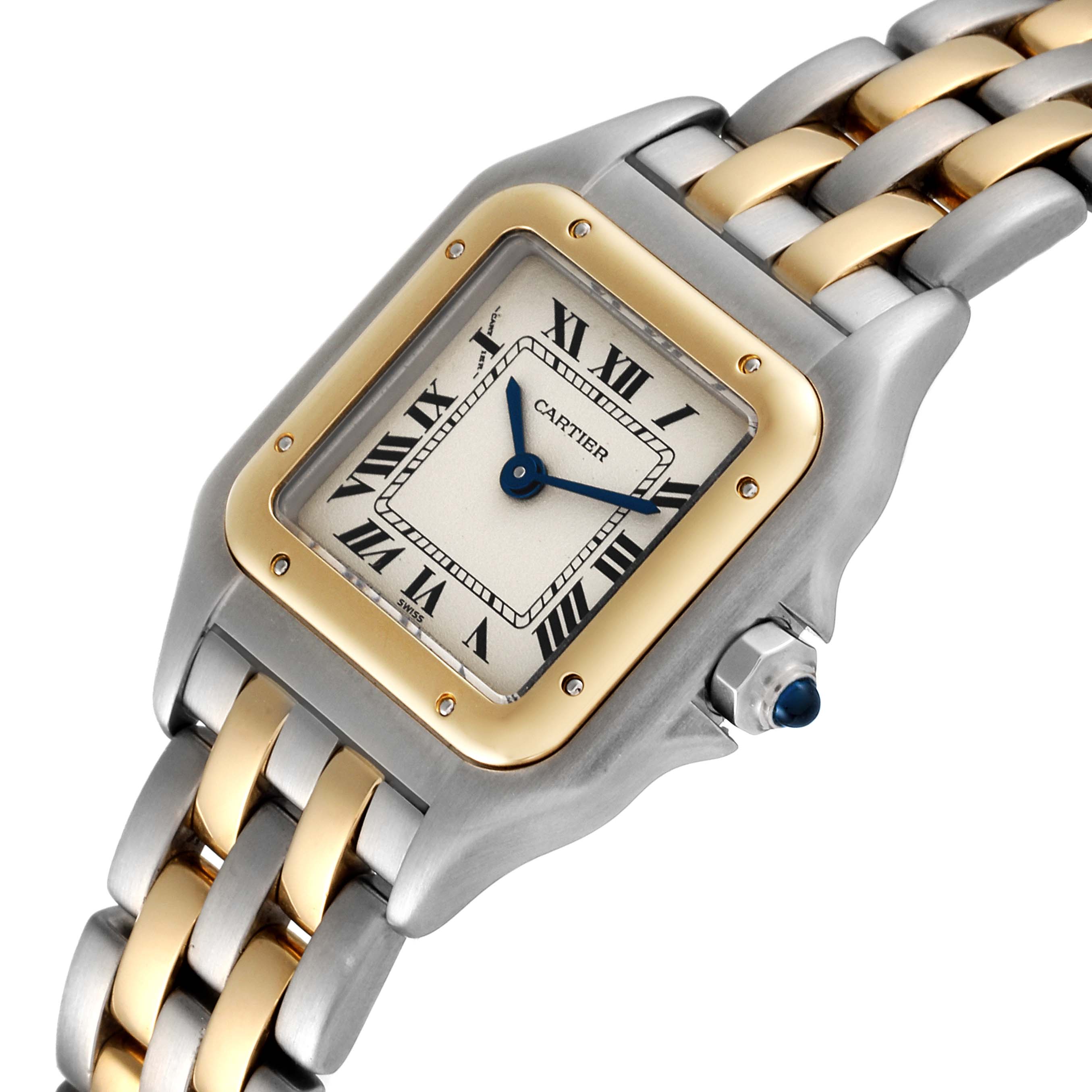 This image shows a close-up, angled view of the Cartier Panthere W25029B6 Women's Steel and Gold (two tone) Silver Dial W25029B6 Women's Steel and Gold (two tone) Silver Dial watch, highlighting the dial, bezel, crown, and bracelet.