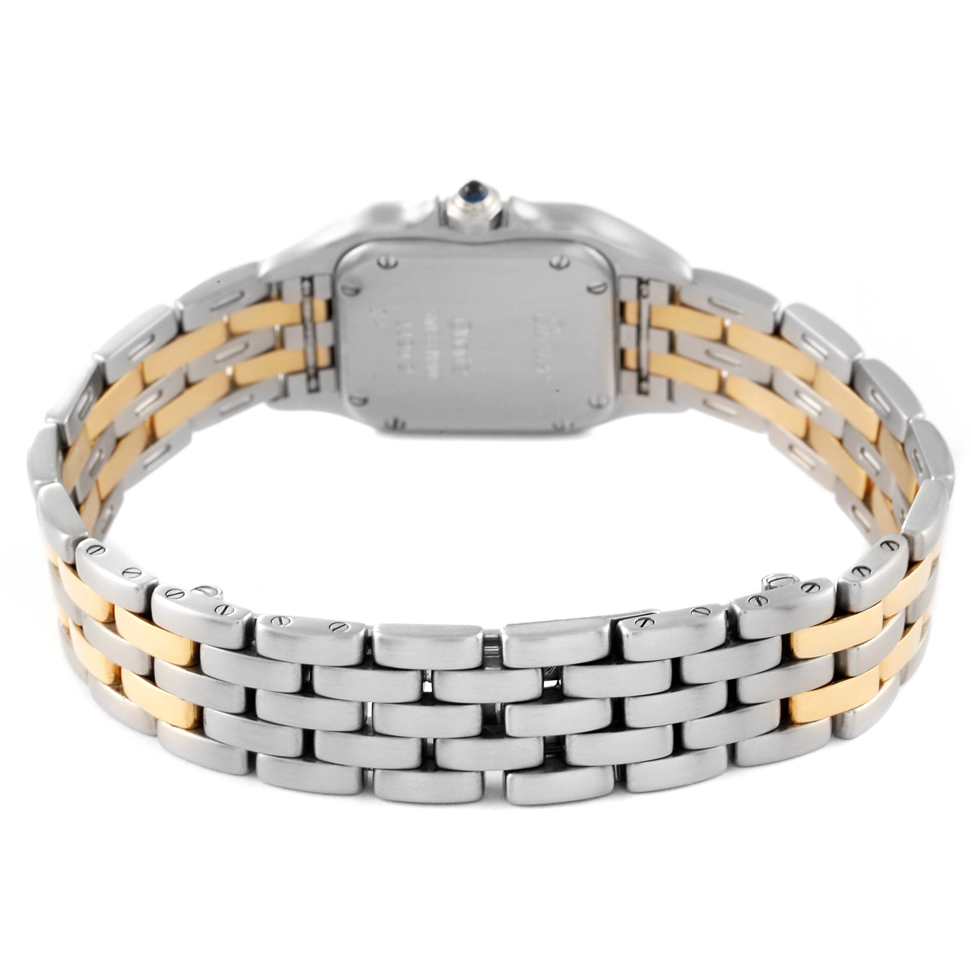 This image shows the back view of a Cartier Panthere W25029B6 Women's Steel and Gold (two tone) Silver Dial W25029B6 Women's Steel and Gold (two tone) Silver Dial watch, including the bracelet and case back.