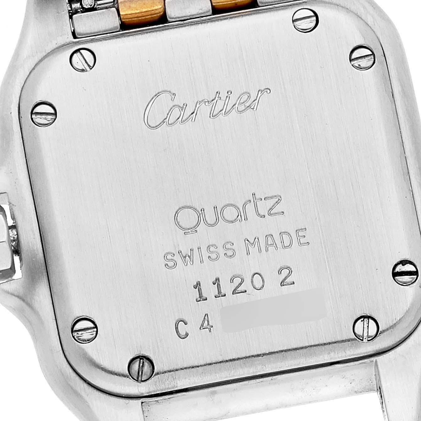 The image shows the back case of a Cartier Panthere W25029B6 Women's Steel and Gold (two tone) Silver Dial W25029B6 Women's Steel and Gold (two tone) Silver Dial model watch, highlighting the brand name and specifications.