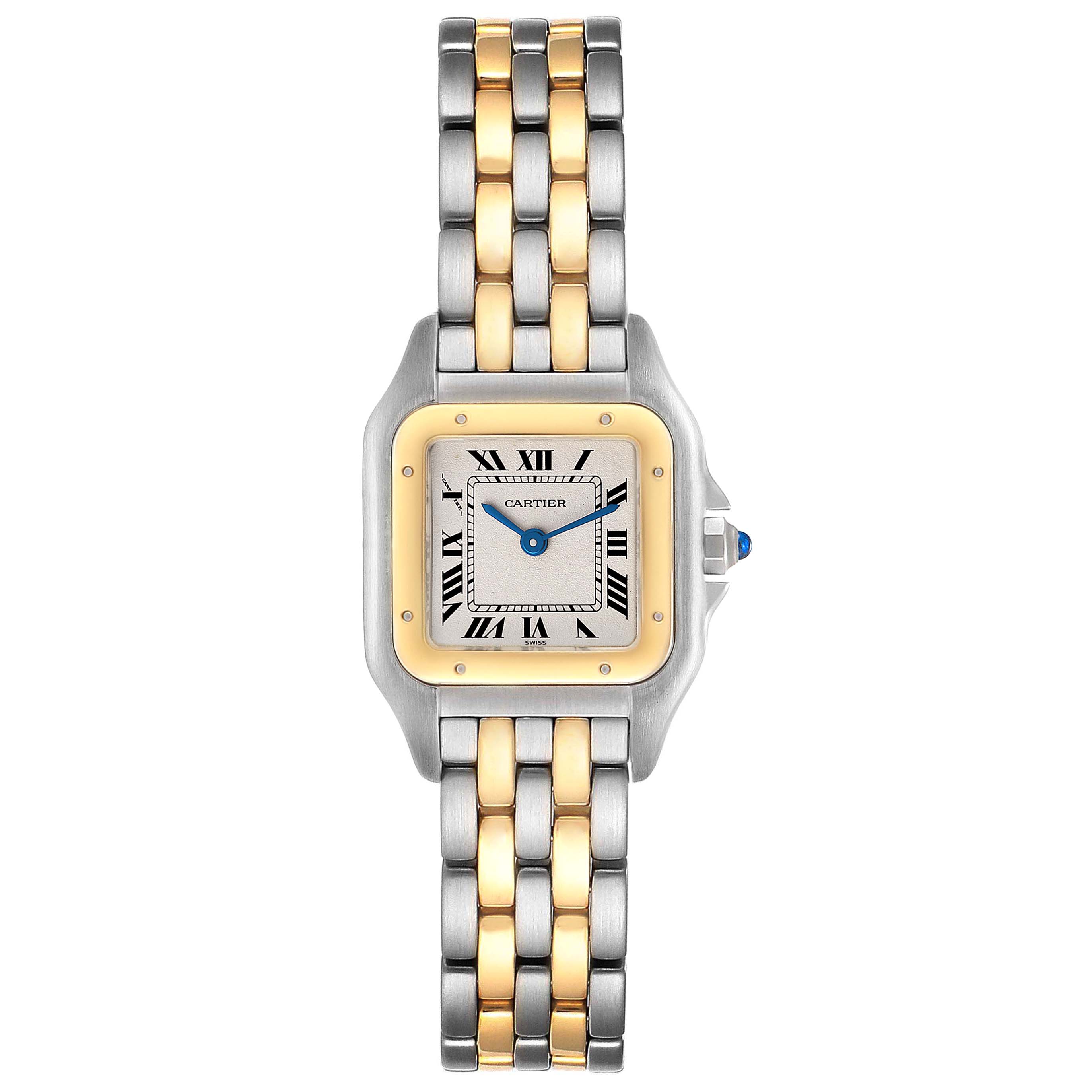 The image shows a front view of the Cartier Panthere W25029B6 Women's Steel and Gold (two tone) Silver Dial W25029B6 Women's Steel and Gold (two tone) Silver Dial model watch, featuring a two-tone bracelet and a square face with Roman numerals.