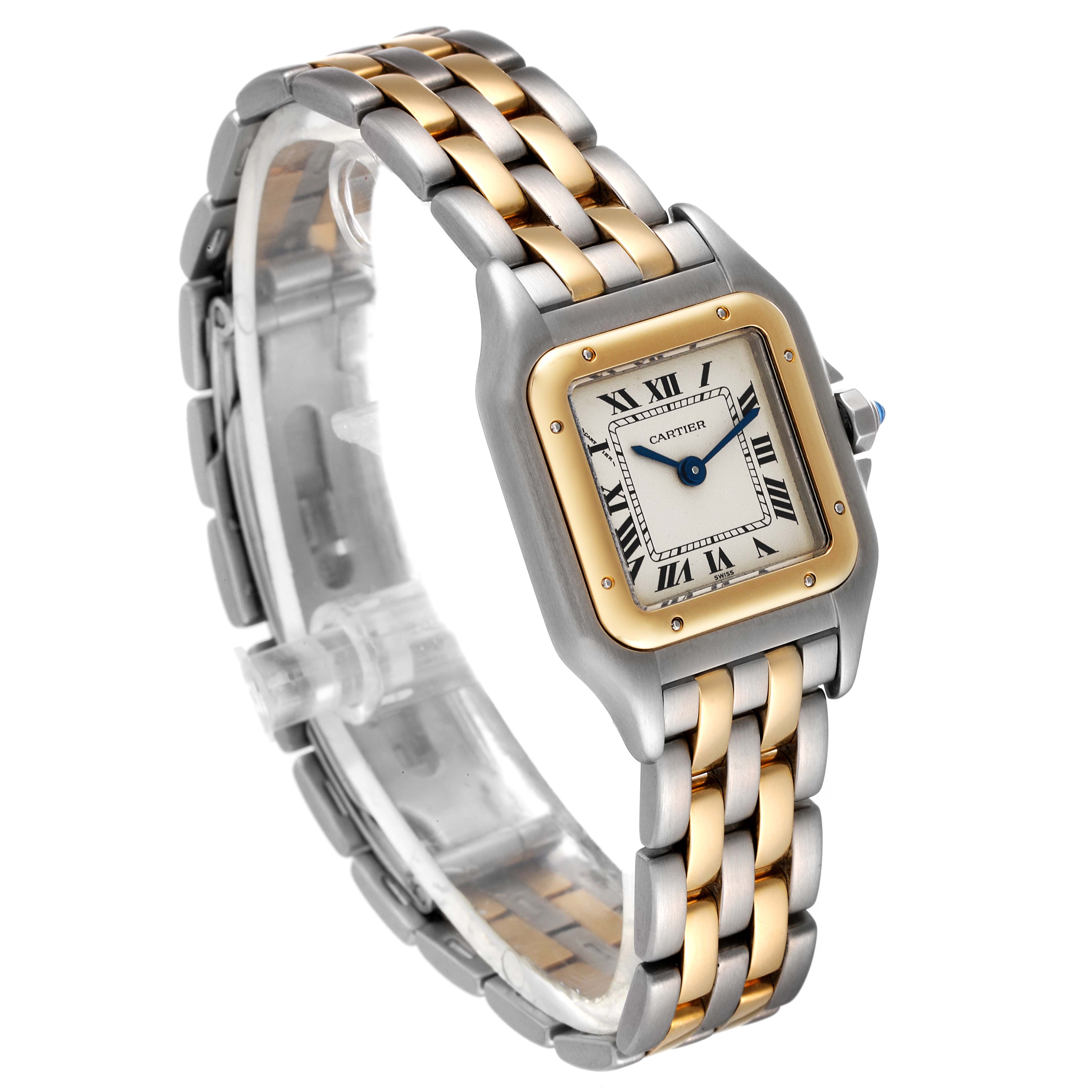 The image shows a Cartier Panthere W25029B6 Women's Steel and Gold (two tone) Silver Dial W25029B6 Women's Steel and Gold (two tone) Silver Dial model watch at a three-quarter angle, displaying its dial, bezel, and two-tone bracelet.
