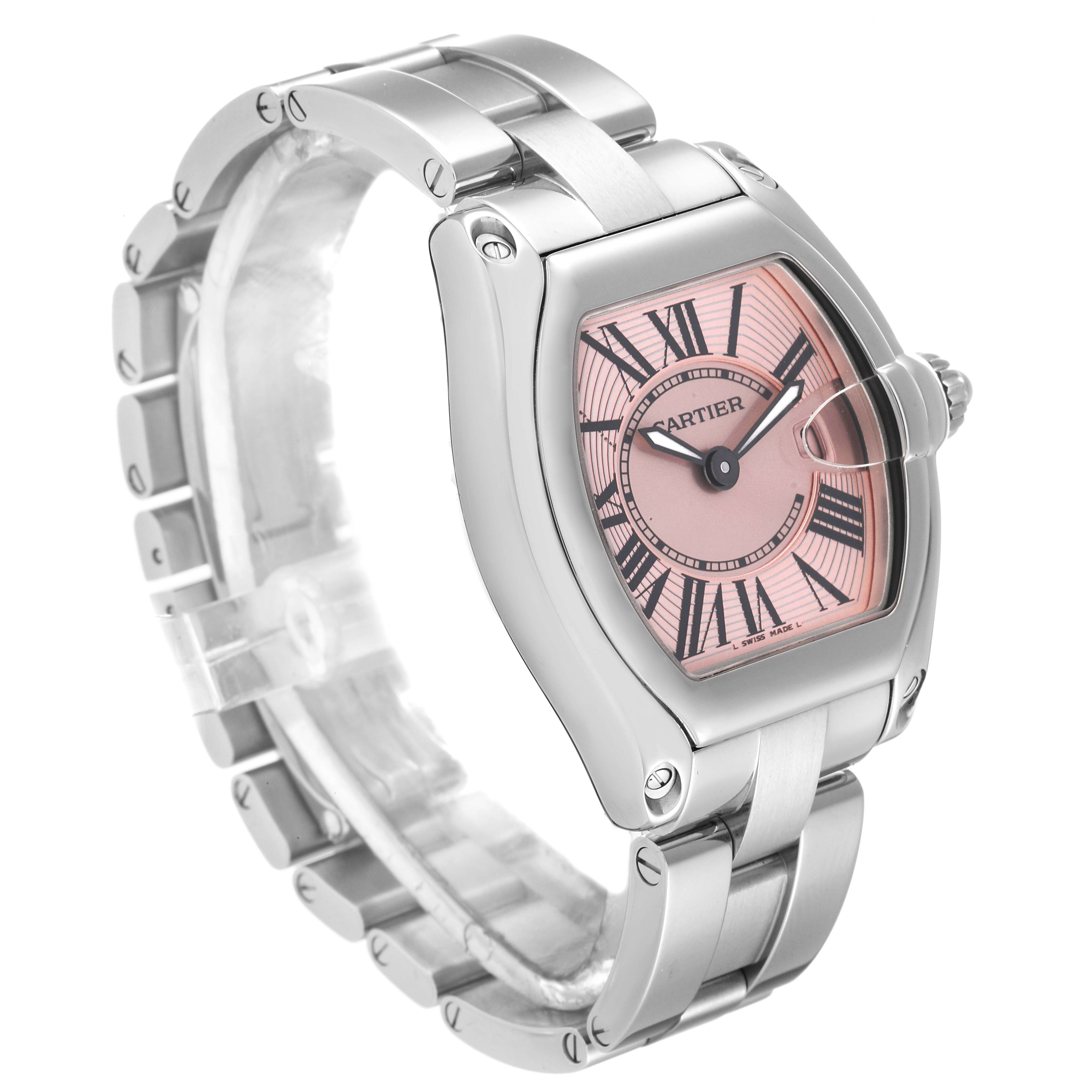 The image shows a Cartier Roadster W62017V3 Women's Stainless Steel Pink Dial W62017V3 Women's Stainless Steel Pink Dial watch at a three-quarter angle, featuring its pink dial and stainless steel bracelet.