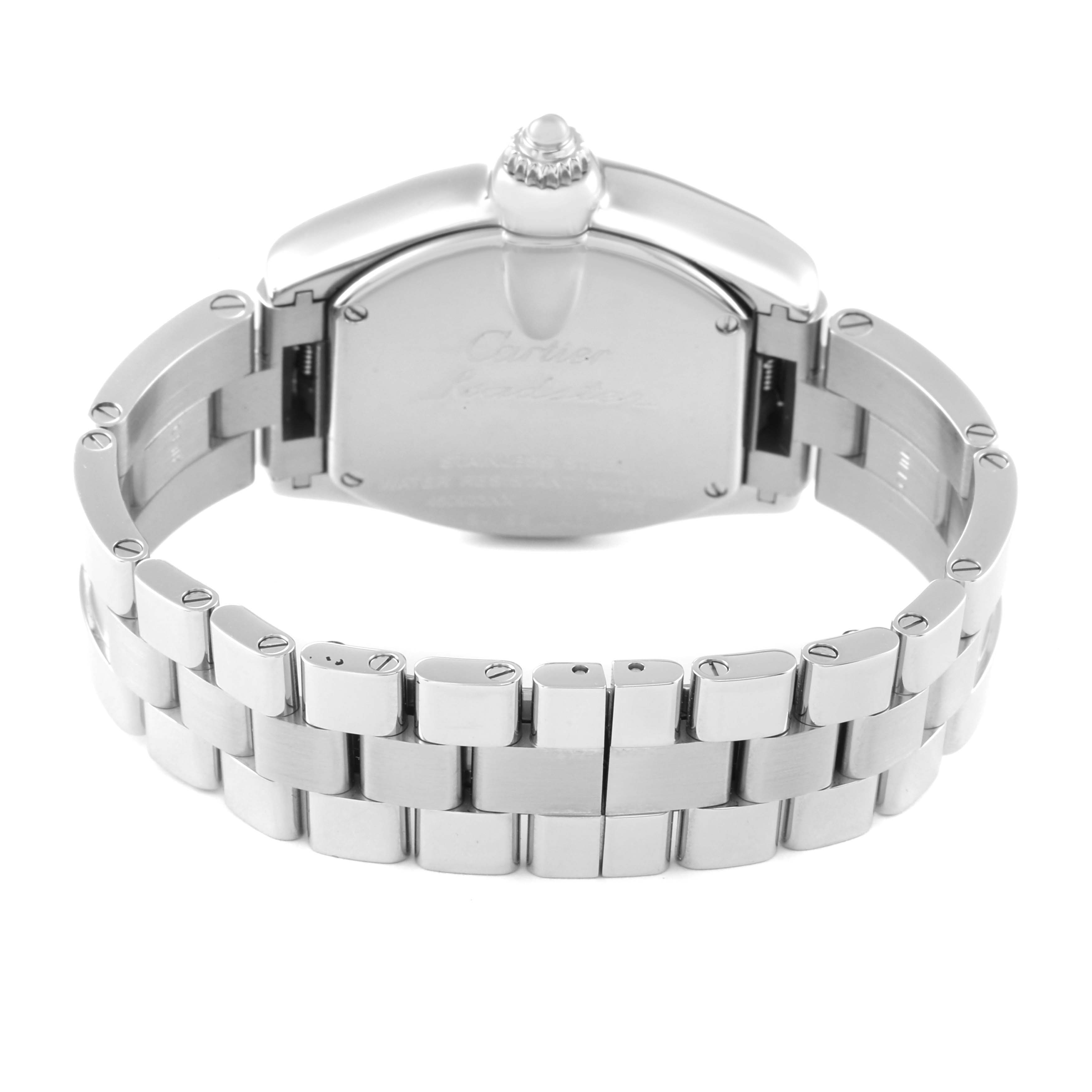 This image shows the back view of a Cartier Roadster W62017V3 Women's Stainless Steel Pink Dial W62017V3 Women's Stainless Steel Pink Dial model watch, focusing on the case back and metal bracelet.