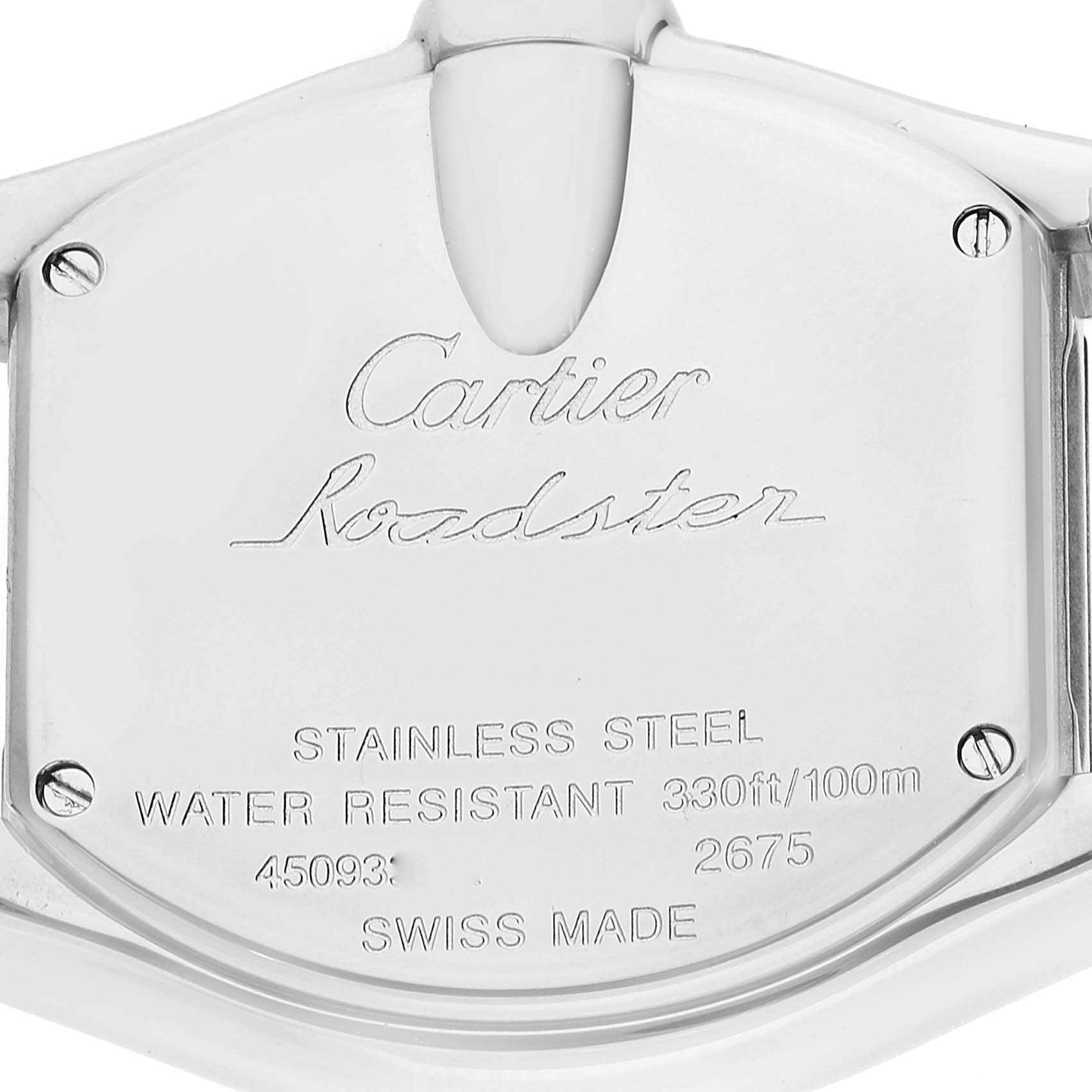 This image shows the back case of a Cartier Roadster W62017V3 Women's Stainless Steel Pink Dial W62017V3 Women's Stainless Steel Pink Dial watch, highlighting engravings and specifications.