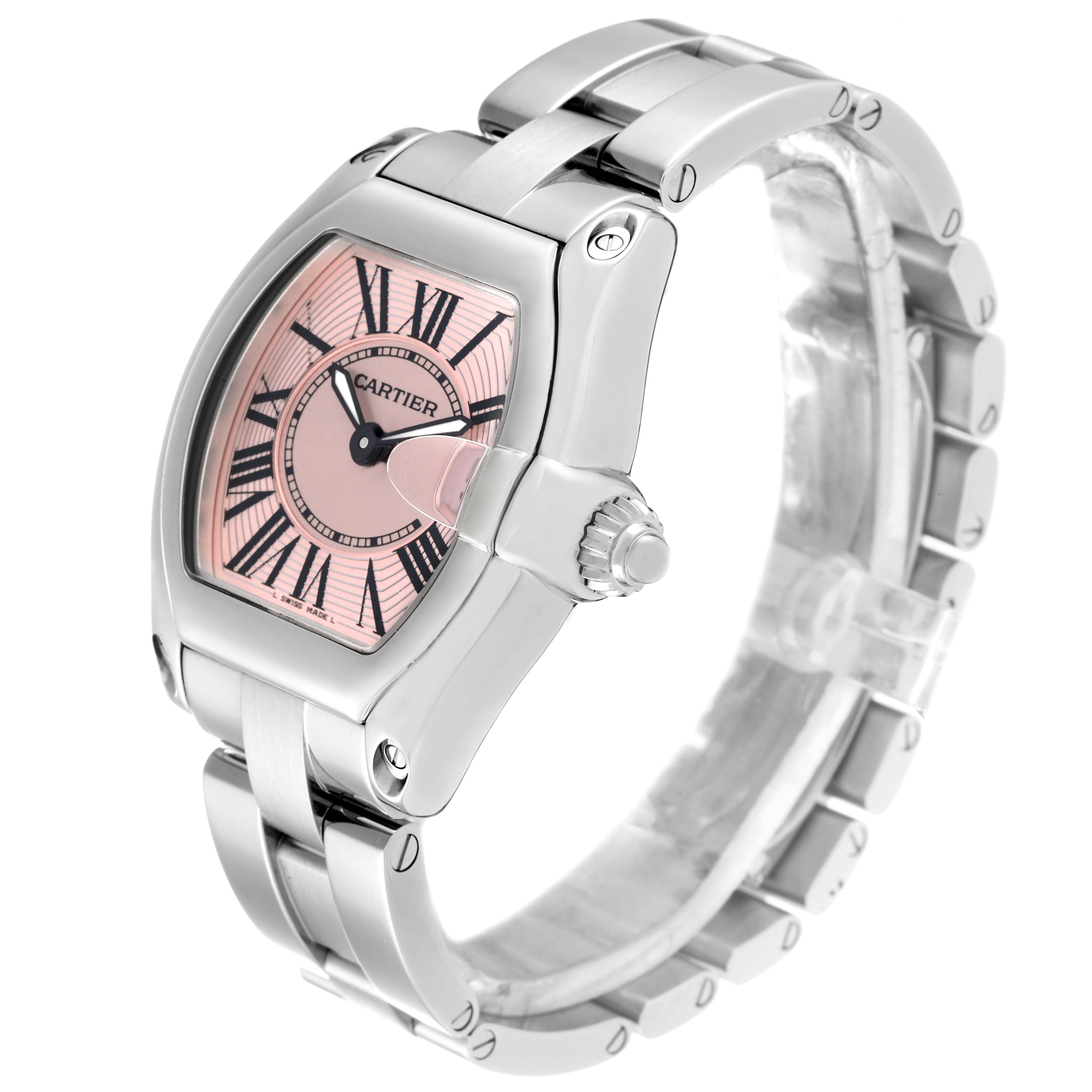 The Cartier Roadster W62017V3 Women's Stainless Steel Pink Dial W62017V3 Women's Stainless Steel Pink Dial watch is shown at a slight angle, highlighting the face, bezel, crown, and bracelet.