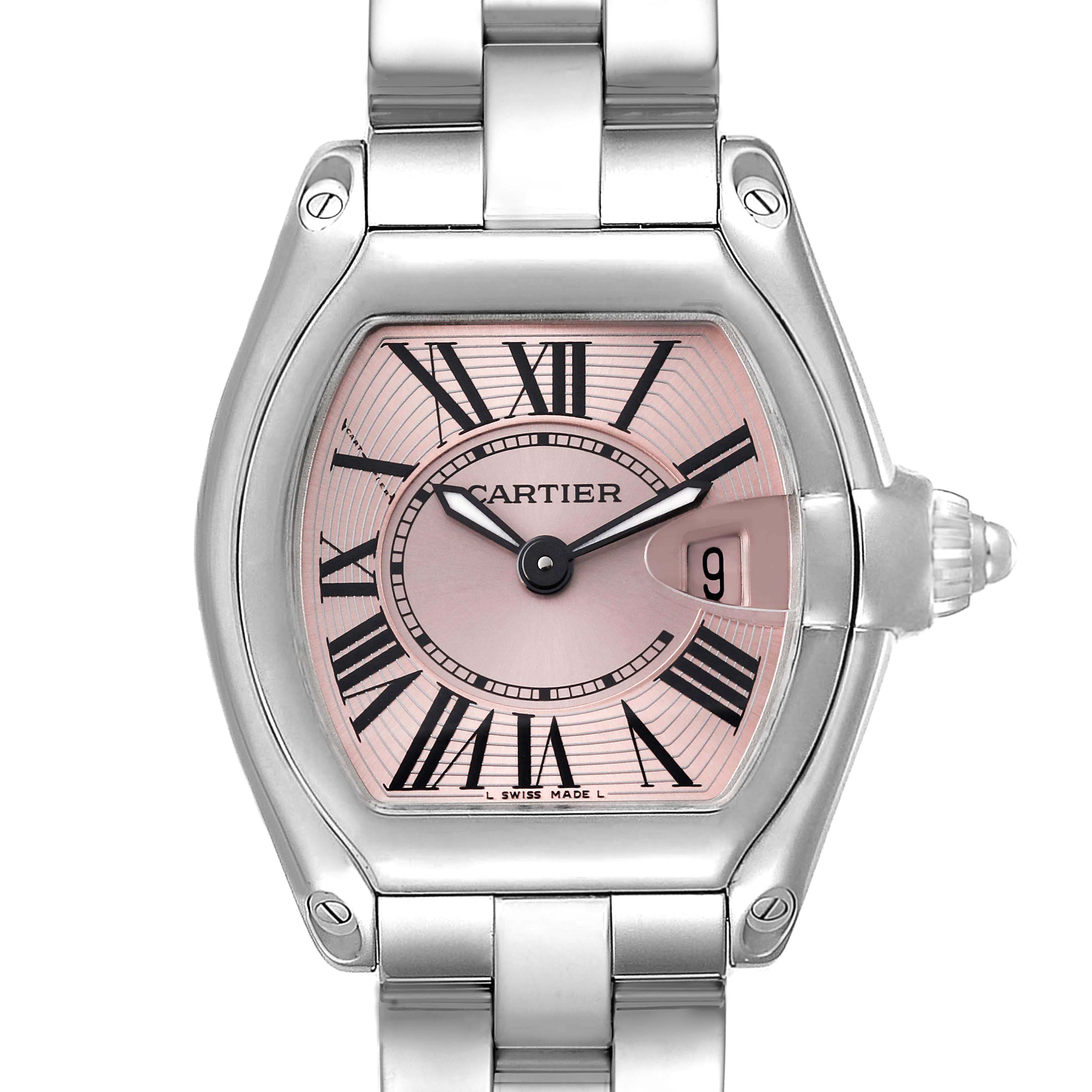 The image shows a front view of the Cartier Roadster W62017V3 Women's Stainless Steel Pink Dial W62017V3 Women's Stainless Steel Pink Dial watch, highlighting the dial, case, crown, and part of the bracelet.