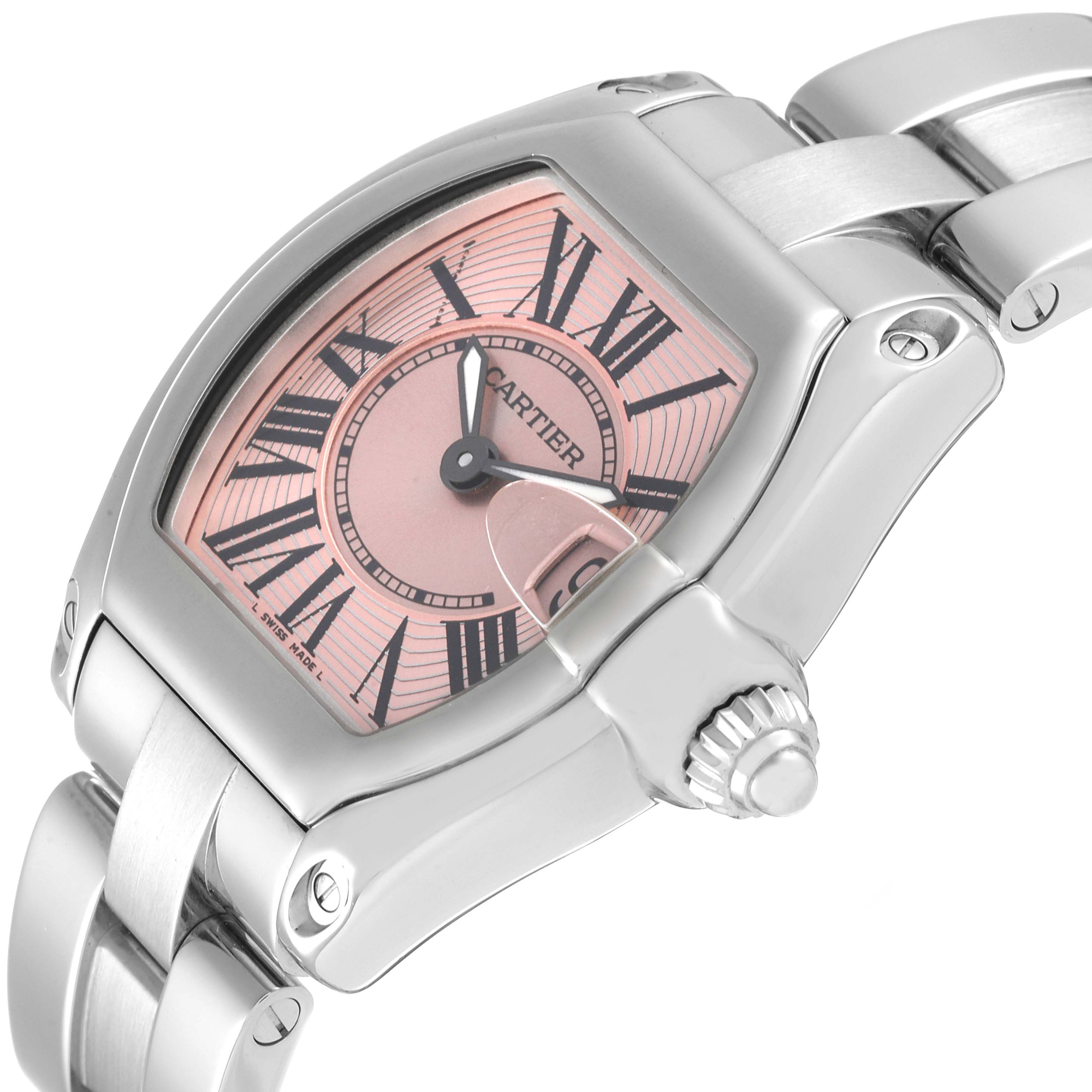 The Cartier Roadster W62017V3 Women's Stainless Steel Pink Dial W62017V3 Women's Stainless Steel Pink Dial watch is shown from a tilted angle, highlighting the crown, dial, and part of the bracelet.