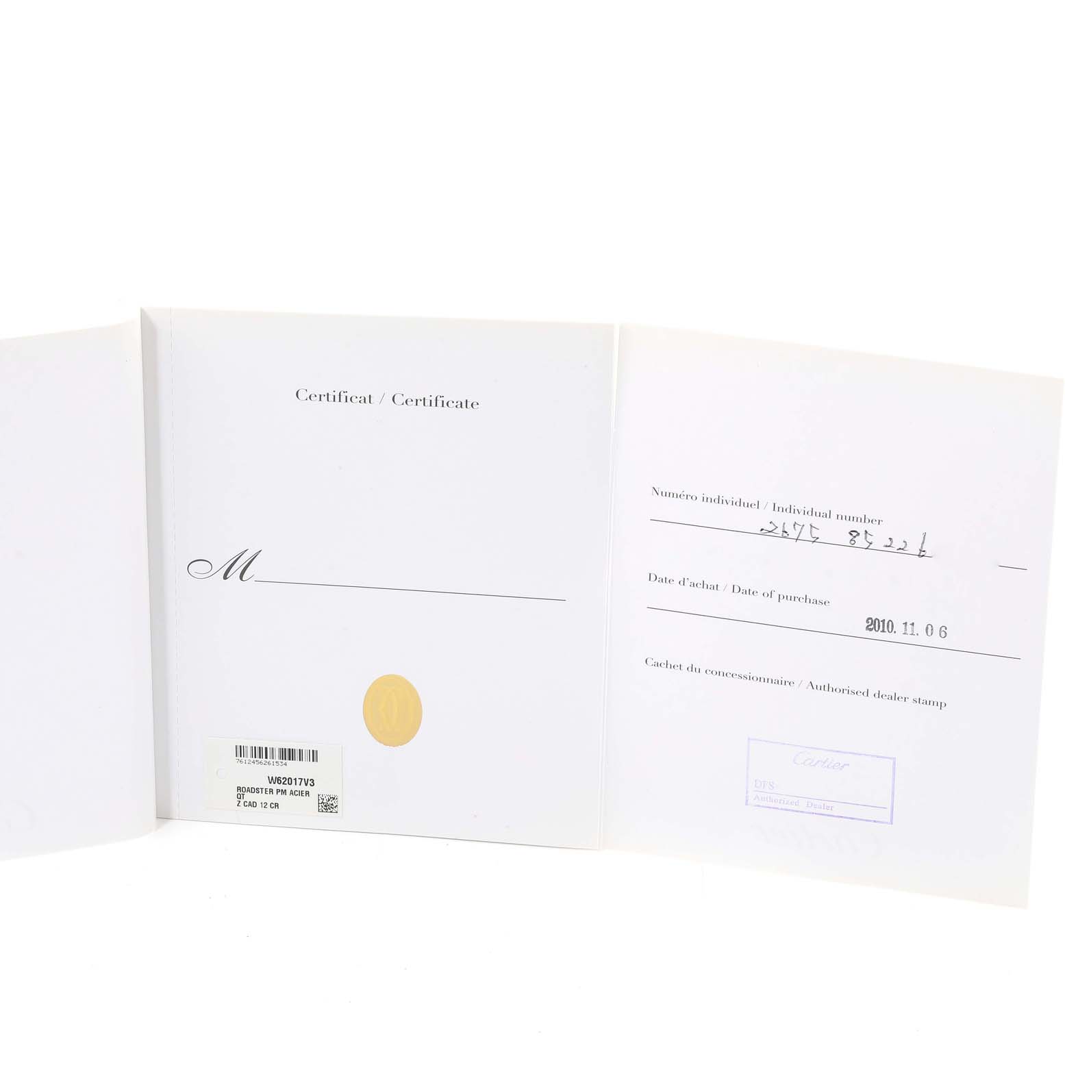 This image shows the certificate and paperwork for the Roadster model by Cartier, detailing purchase information and authenticity.