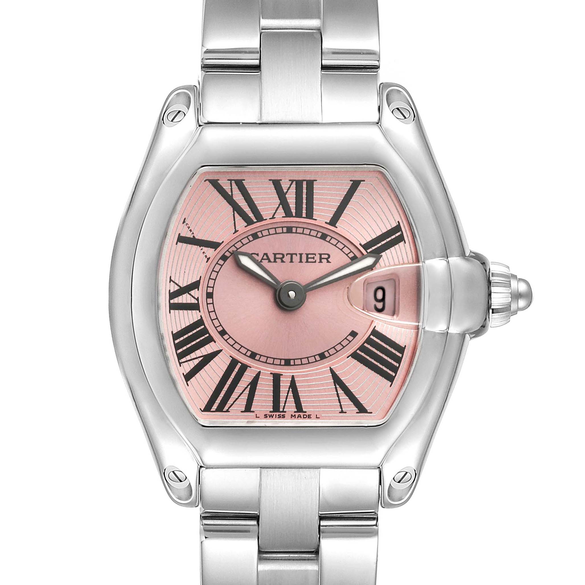 The image shows a close-up, front view of a Cartier Roadster W62017V3 Women's Stainless Steel Pink Dial W62017V3 Women's Stainless Steel Pink Dial watch, highlighting its pink dial, Roman numerals, and stainless steel bracelet.