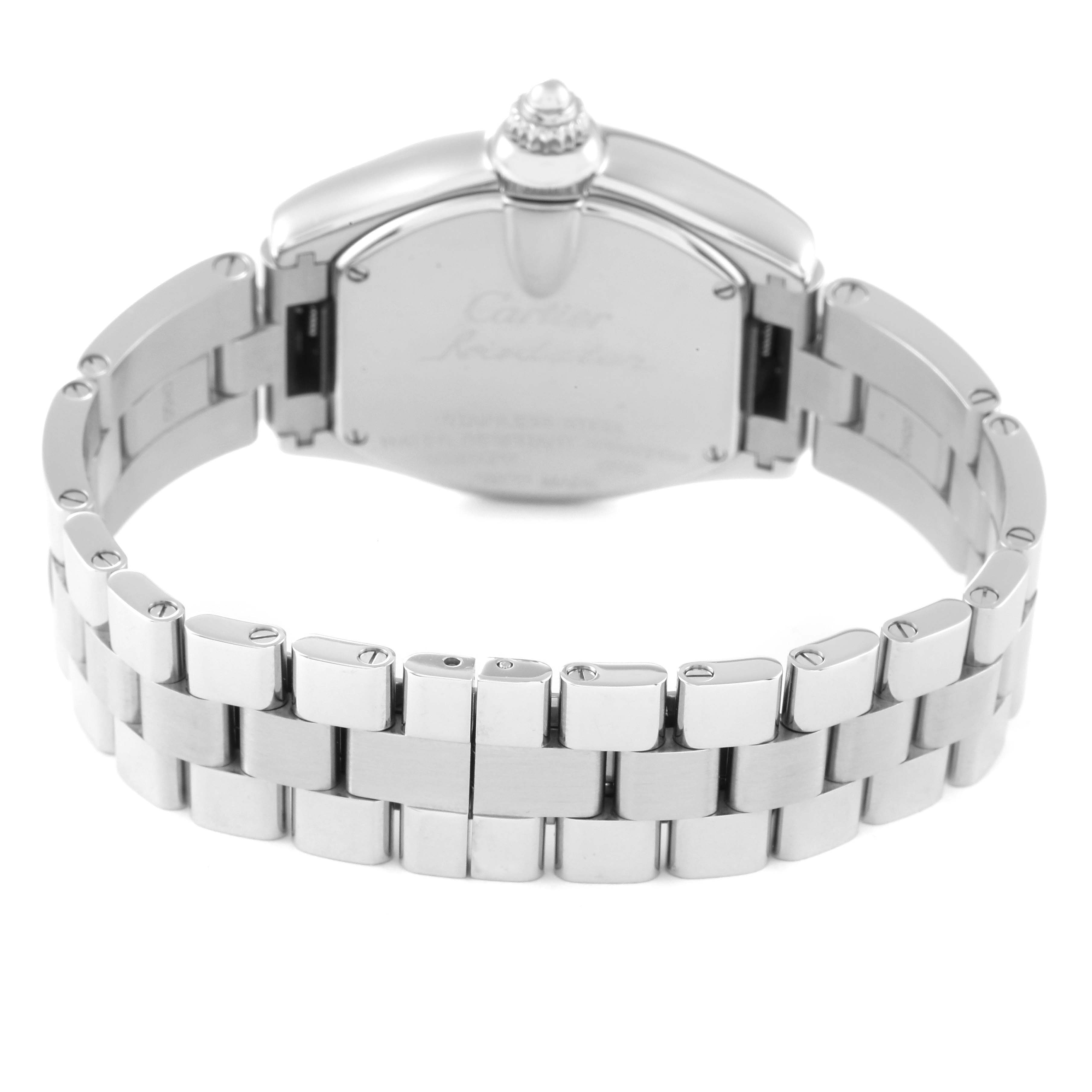The image shows the back and bracelet of a Cartier Roadster W62017V3 Women's Stainless Steel Pink Dial W62017V3 Women's Stainless Steel Pink Dial watch.
