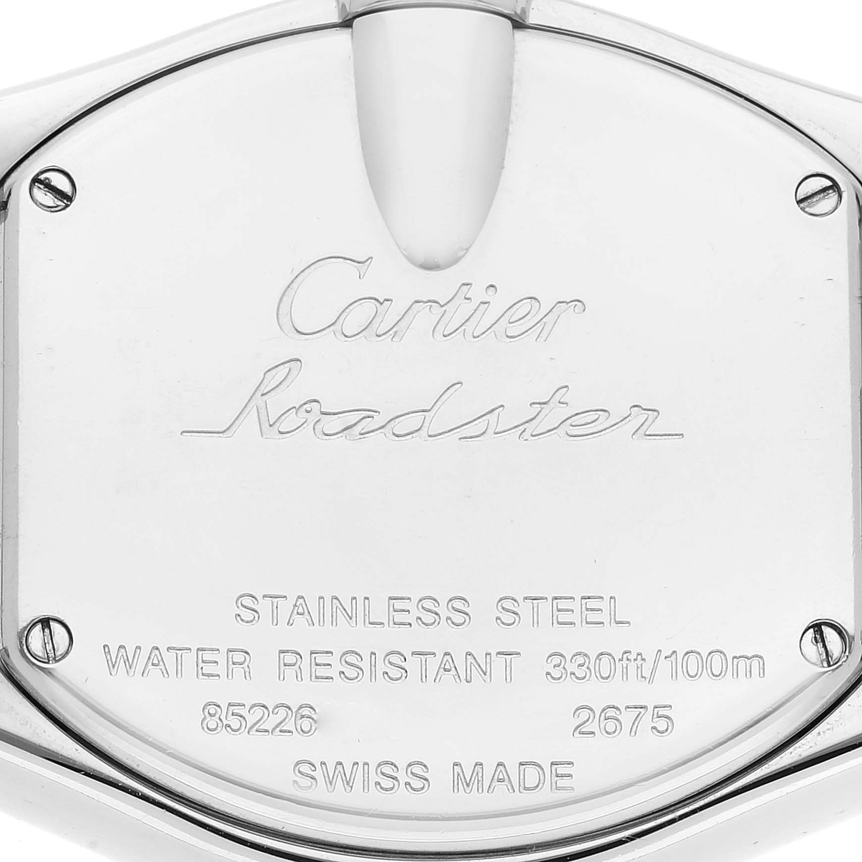 The image shows the back case of the Cartier Roadster W62017V3 Women's Stainless Steel Pink Dial W62017V3 Women's Stainless Steel Pink Dial watch, engraving specifications and the brand's logo.