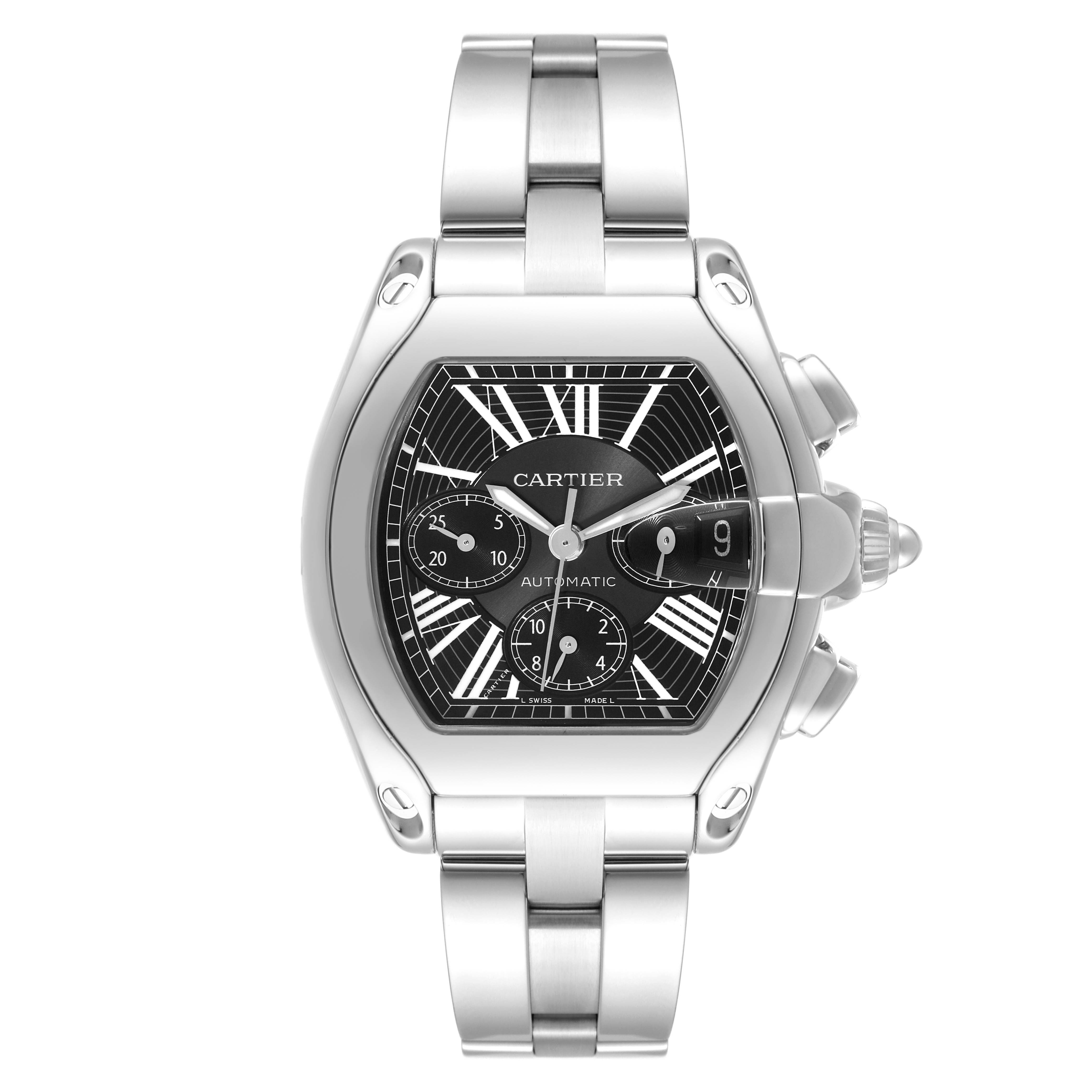 The image shows a frontal view of the Cartier Roadster W62020X6 Men's Stainless Steel Black Dial W62020X6 Men's Stainless Steel Black Dial watch, displaying its face and metal bracelet.