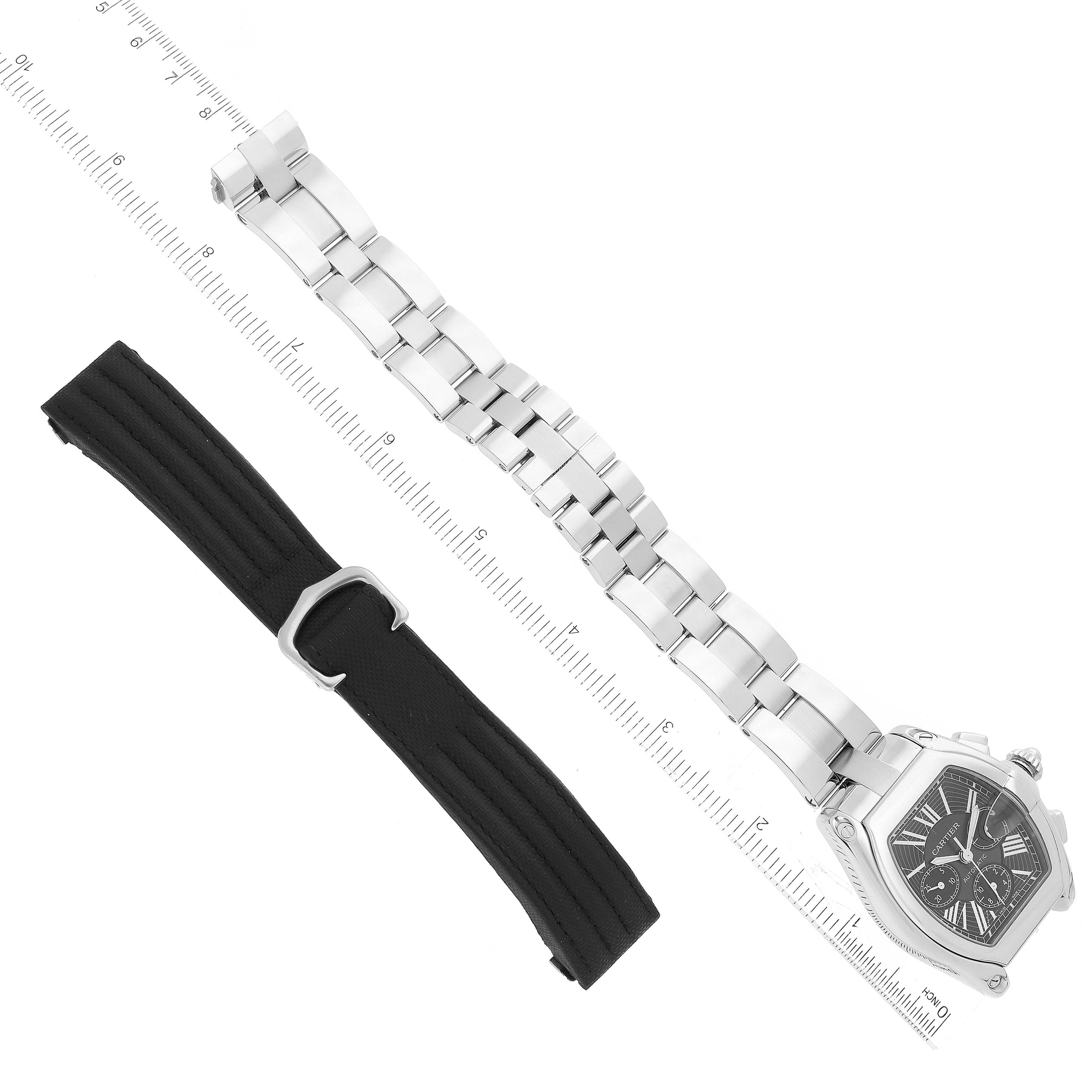 The image shows a top-view angle of a Cartier Roadster W62020X6 Men's Stainless Steel Black Dial W62020X6 Men's Stainless Steel Black Dial watch head with metal and rubber strap options.