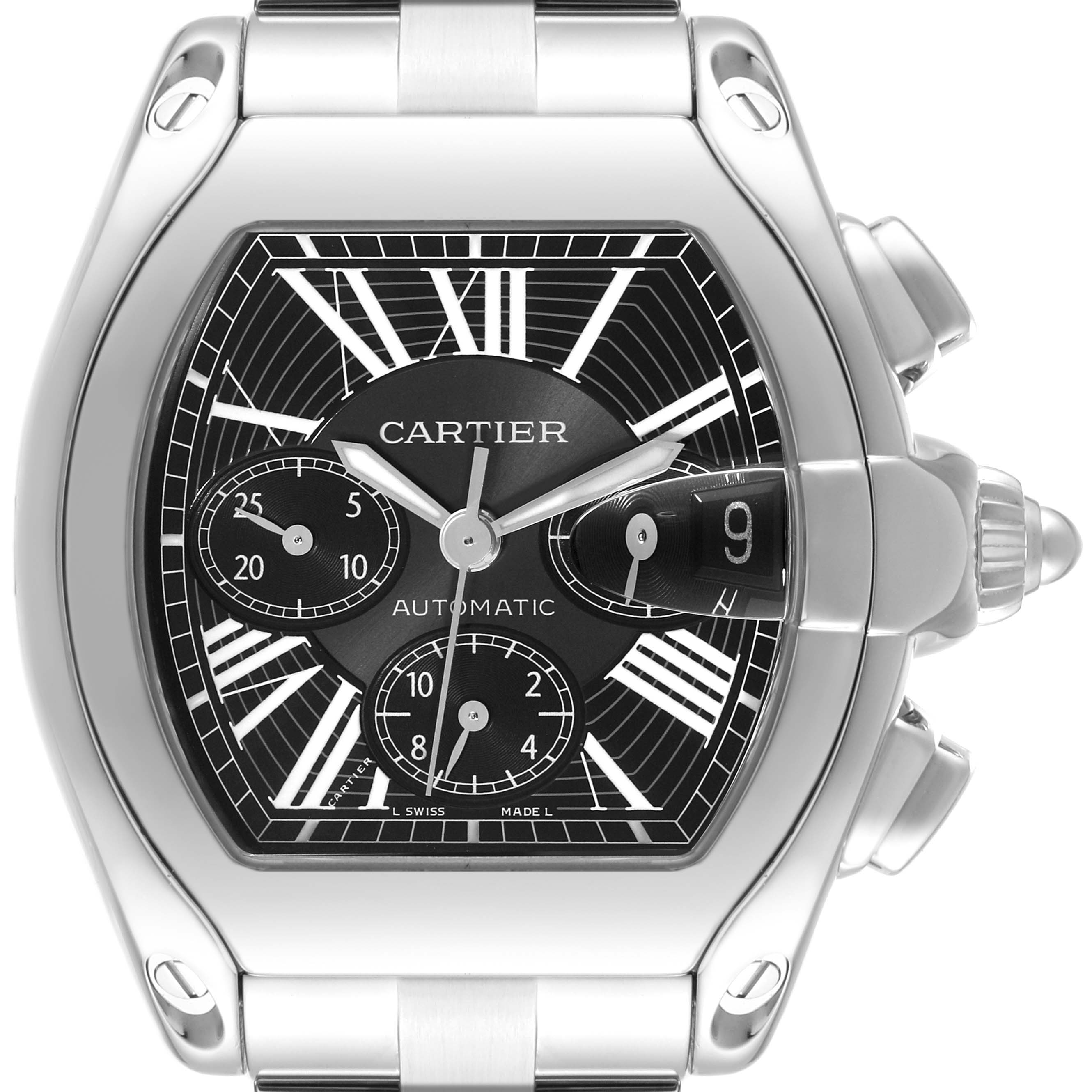 The image features a Cartier Roadster W62020X6 Men's Stainless Steel Black Dial W62020X6 Men's Stainless Steel Black Dial watch with a close-up view of its face and part of the bracelet.