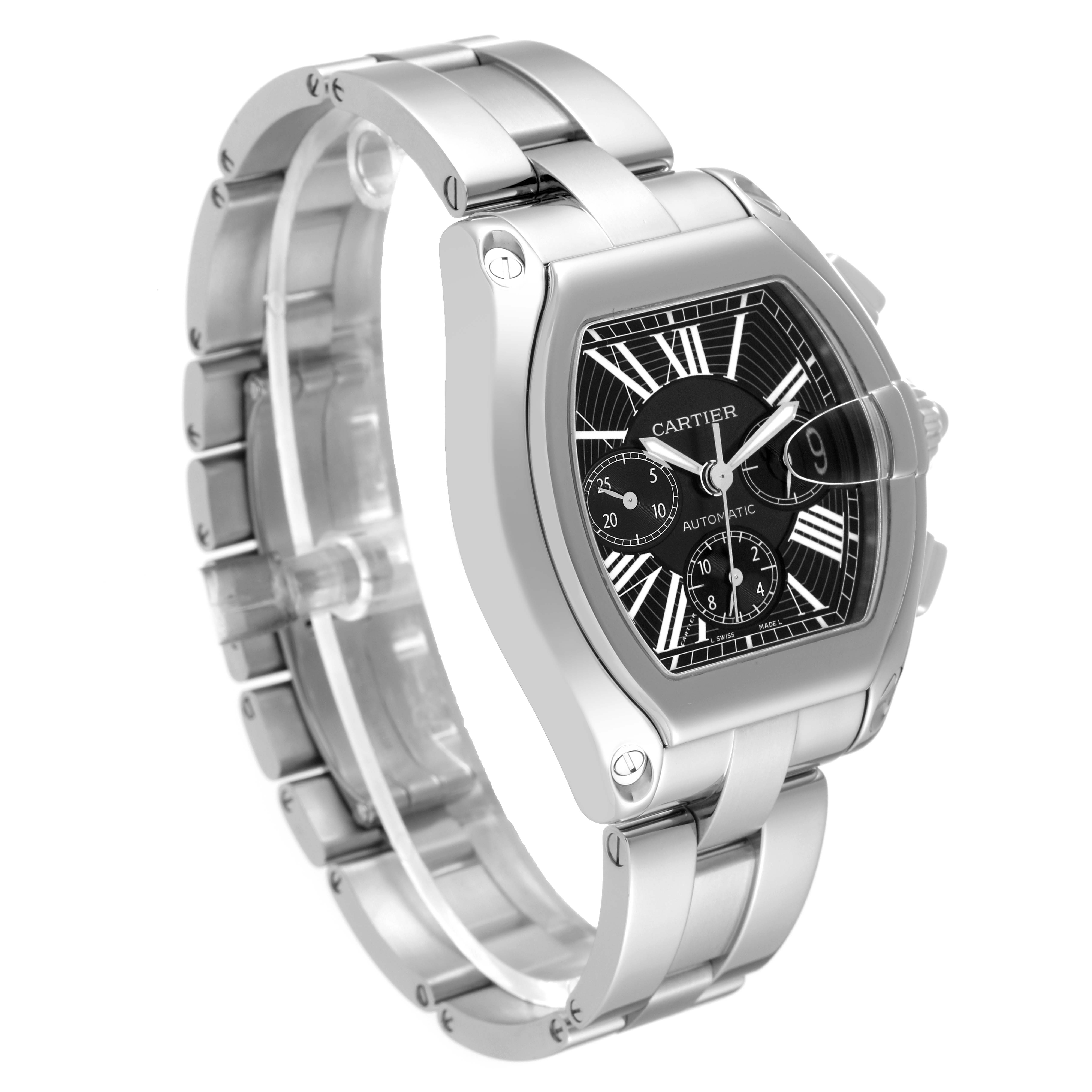 The image shows a three-quarter angle view of the Cartier Roadster W62020X6 Men's Stainless Steel Black Dial W62020X6 Men's Stainless Steel Black Dial watch, highlighting its face, dials, and metal band.