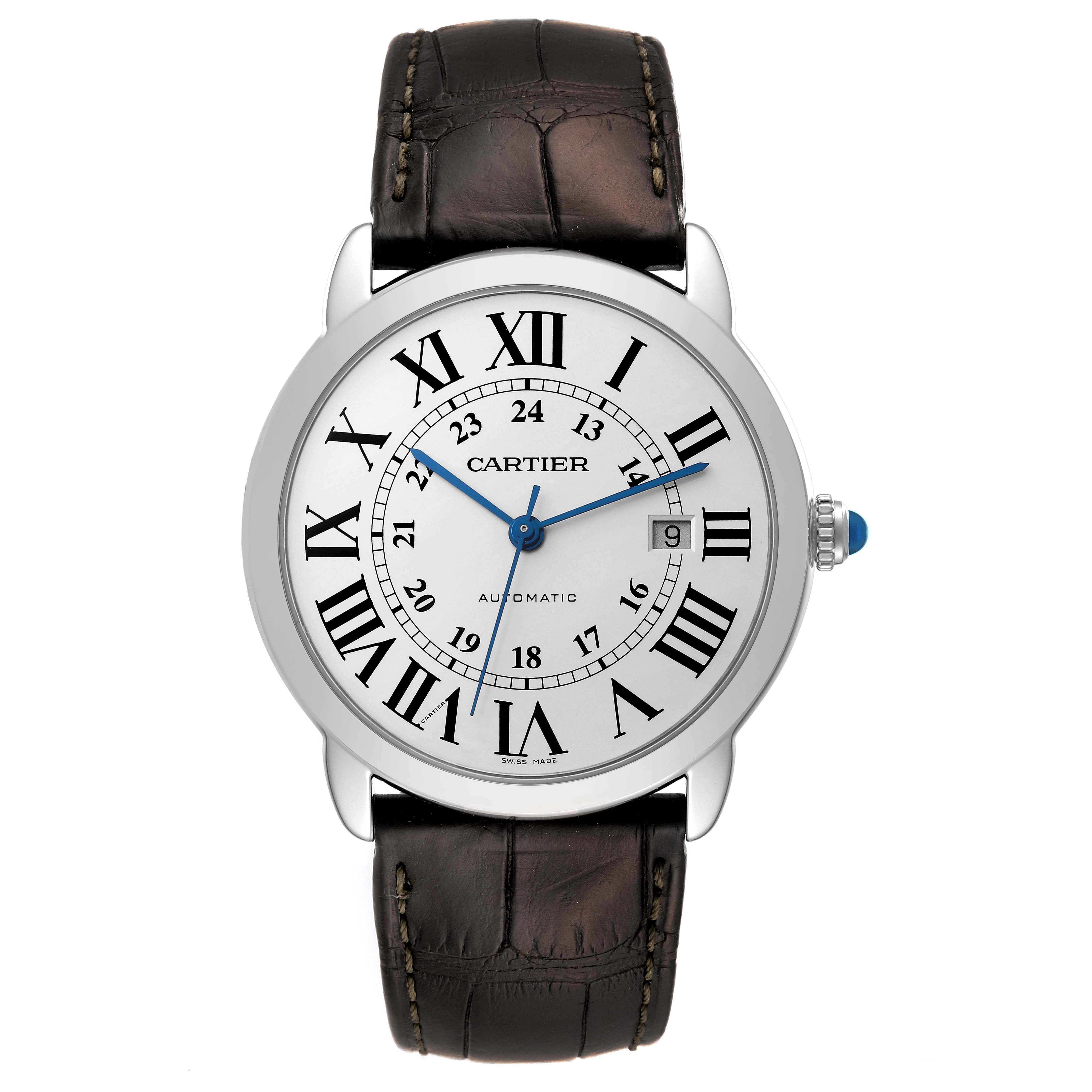 The image shows a front view of the Cartier Ronde WSRN0022 Men
s Stainless Steel Silver Dial WSRN0022 Men
s Stainless Steel Silver Dial model watch, highlighting its face, hands, and leather strap.