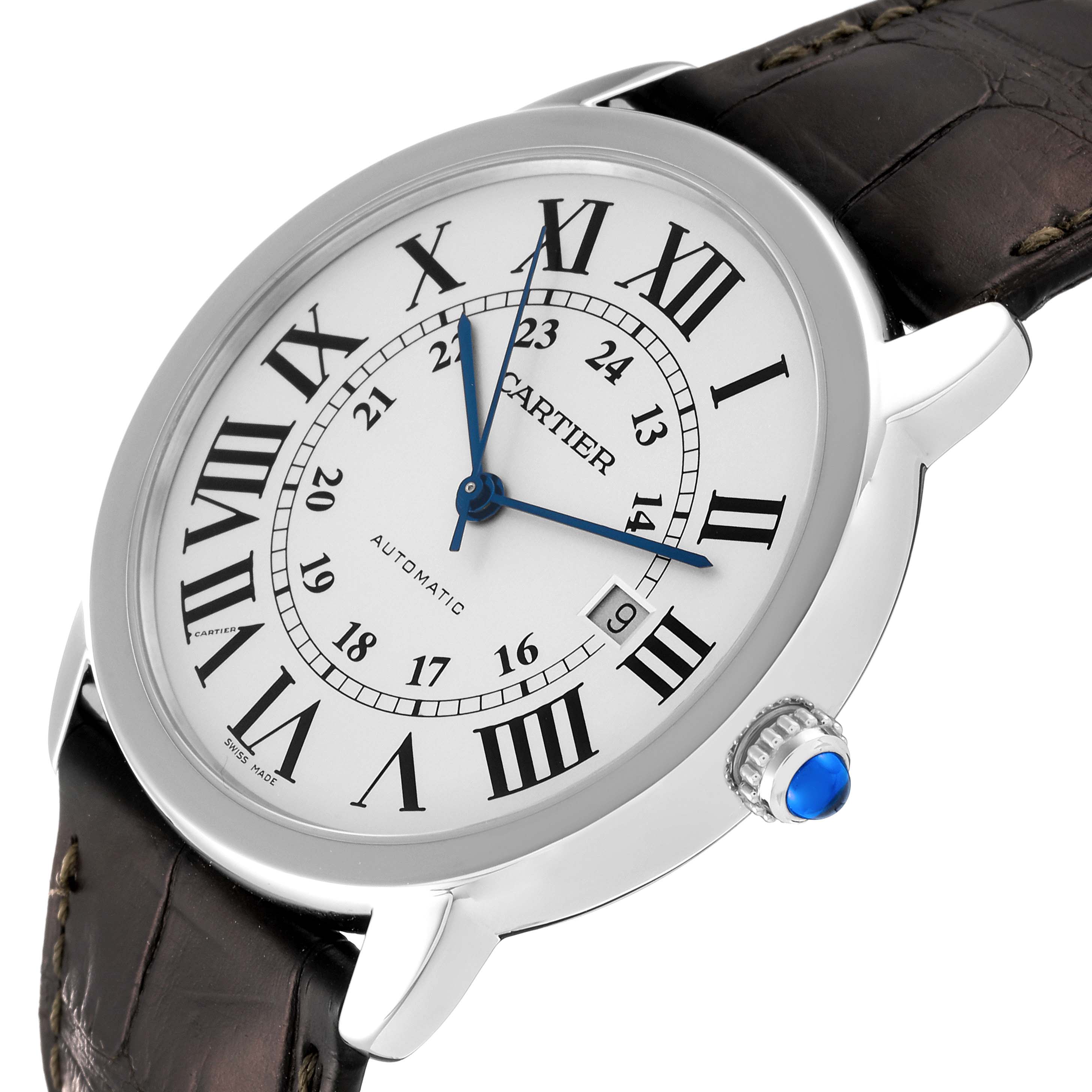 The image shows a top-angle view of the Ronde model by Cartier, featuring its face, casing, and leather strap.