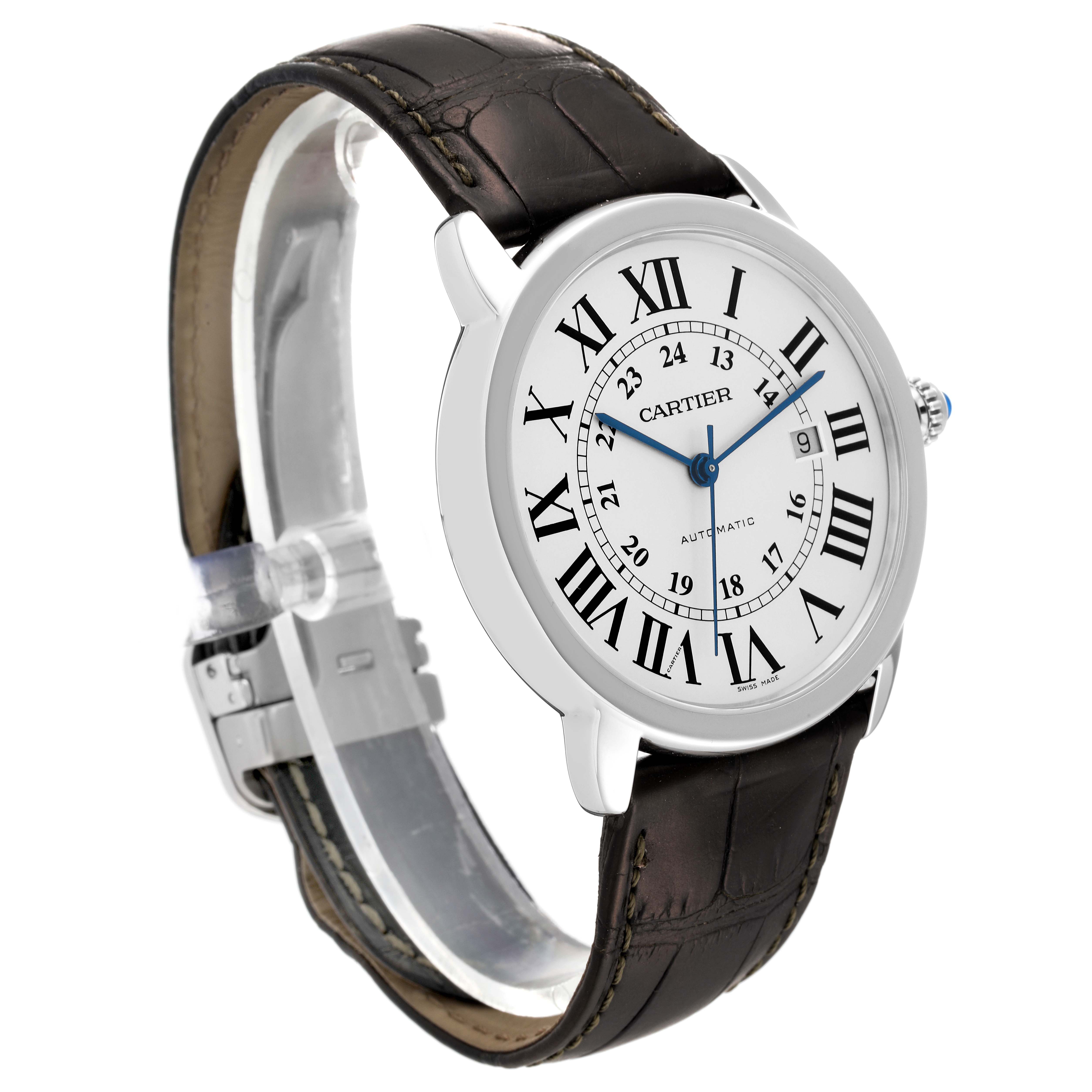 The image shows a Cartier Ronde WSRN0022 Men
s Stainless Steel Silver Dial WSRN0022 Men
s Stainless Steel Silver Dial watch at a three-quarter angle, highlighting the dial, case, and leather strap.