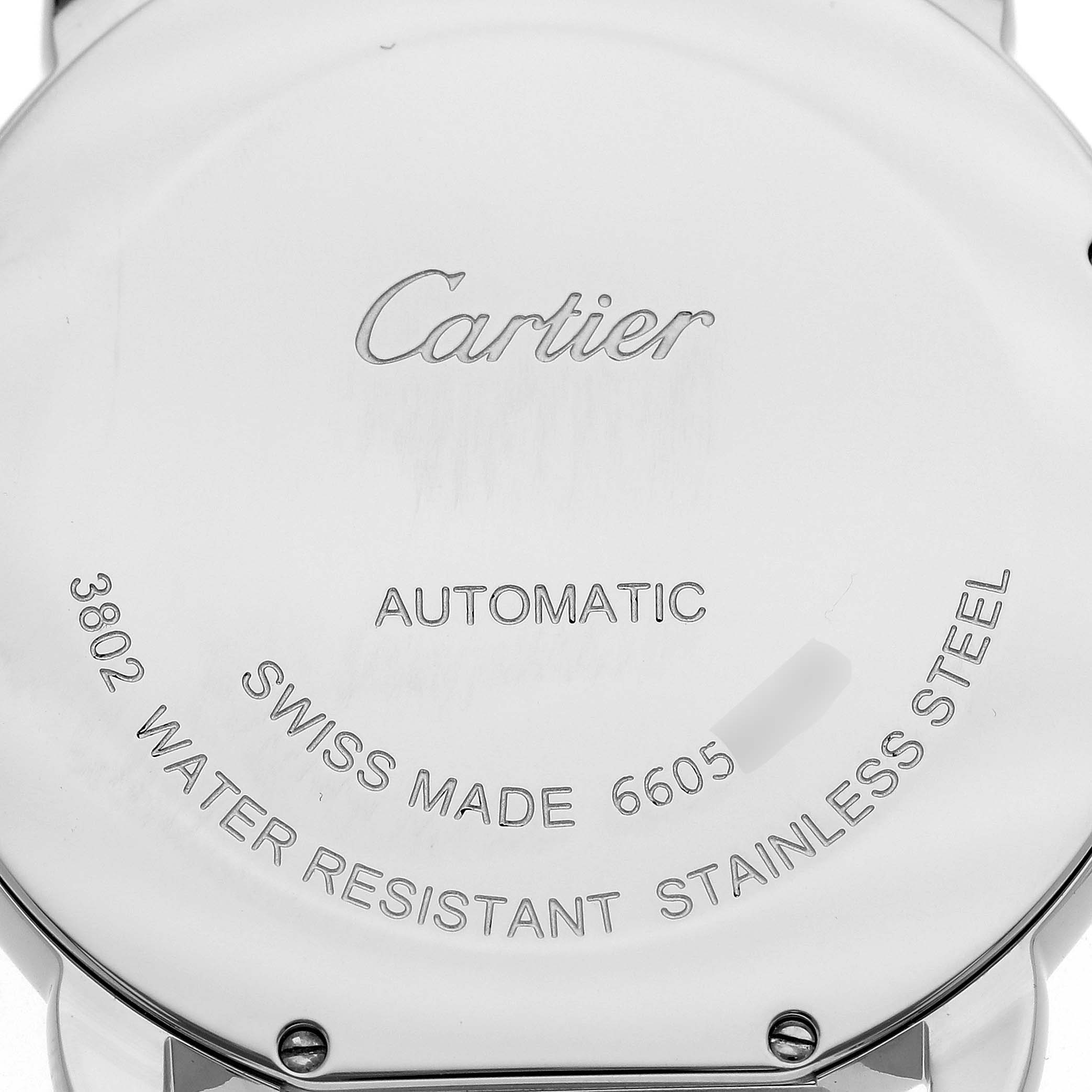 This image shows the back case of a Cartier Ronde WSRN0022 Men
s Stainless Steel Silver Dial WSRN0022 Men
s Stainless Steel Silver Dial model watch from a close-up rear angle.