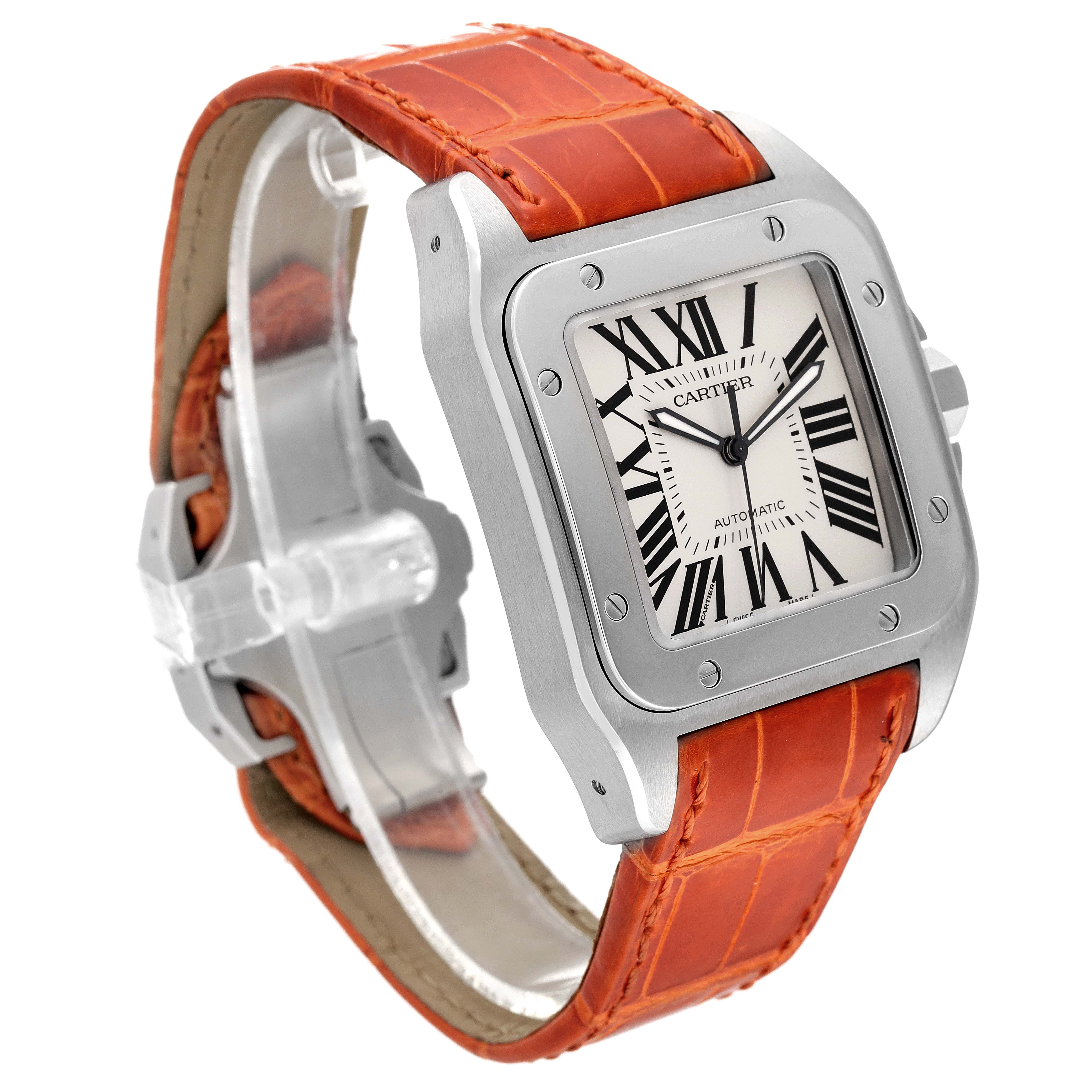 The image shows a Cartier Santos W20073X8 Men's Stainless Steel Silver Dial W20073X8 Men's Stainless Steel Silver Dial watch at a three-quarter angle, highlighting its square dial, bezel, and orange leather strap.