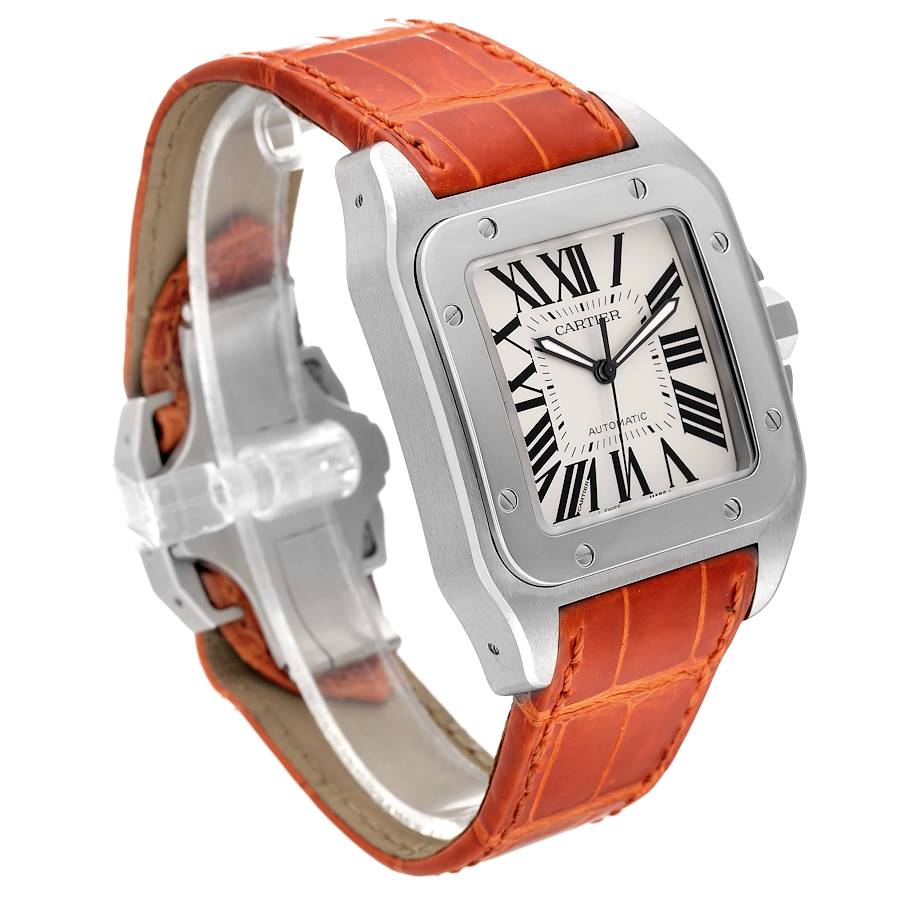 Cartier Santos 100 Silver Dial Orange Strap Steel Mens Watch