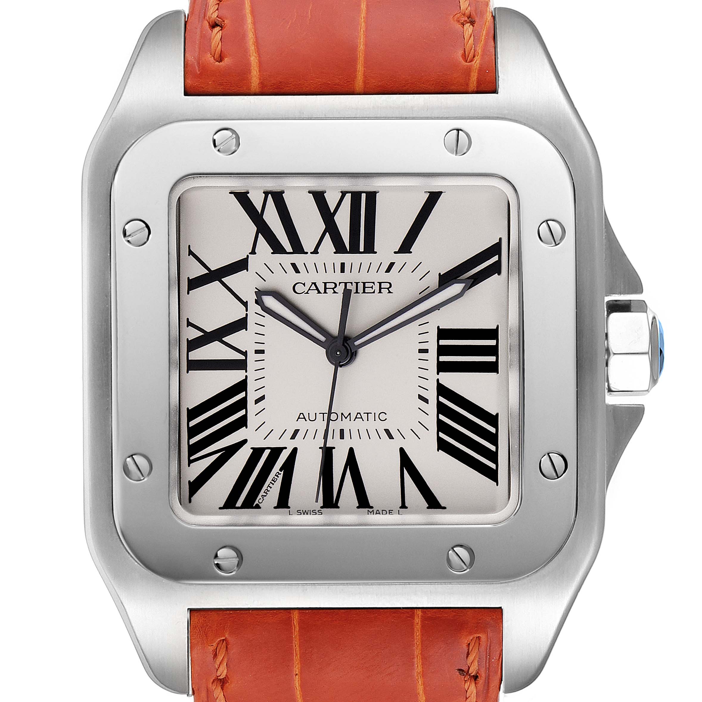 This image shows a frontal view of the Cartier Santos W20073X8 Men's Stainless Steel Silver Dial W20073X8 Men's Stainless Steel Silver Dial watch, featuring its dial, Roman numerals, and part of its leather strap.