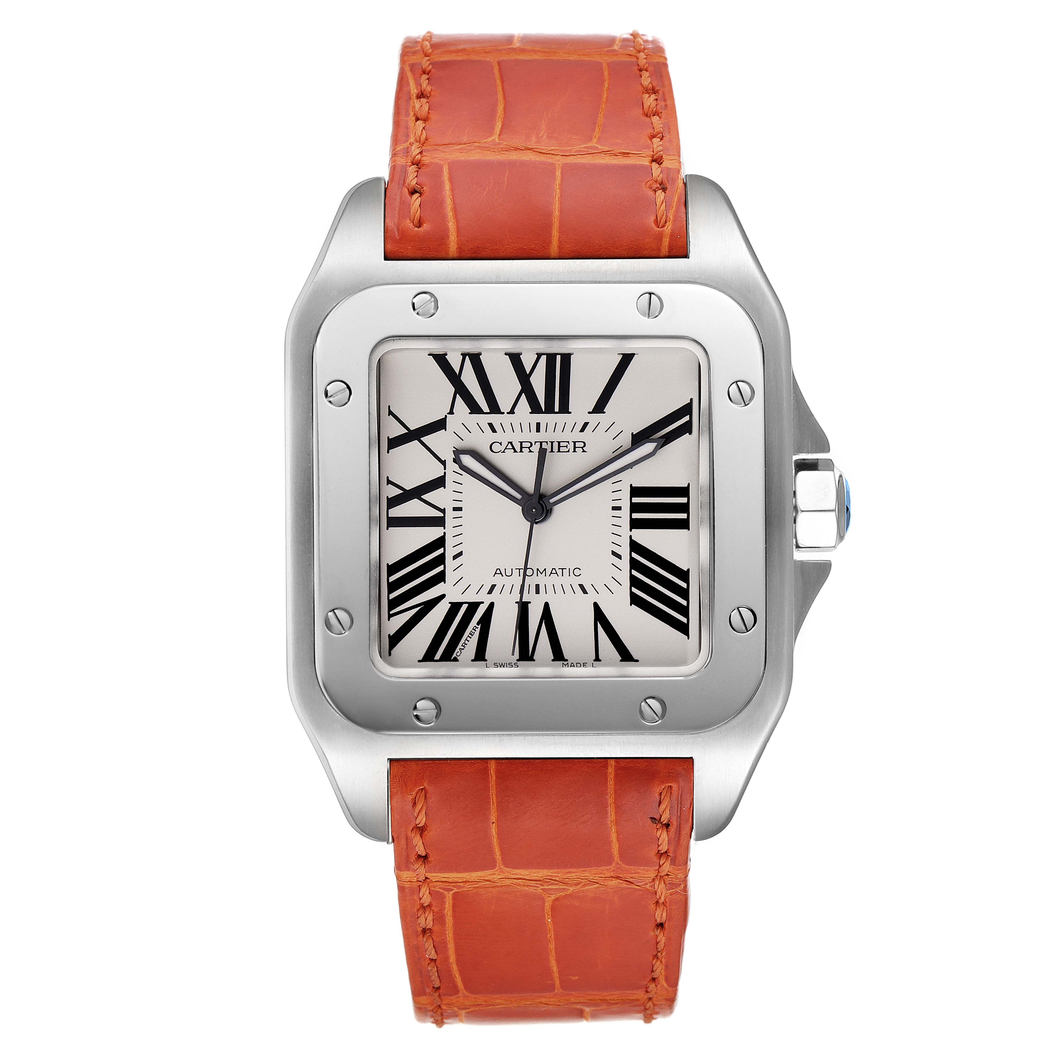 This image shows a front view of a Cartier Santos W20073X8 Men's Stainless Steel Silver Dial W20073X8 Men's Stainless Steel Silver Dial watch featuring a square dial and a brown leather strap.