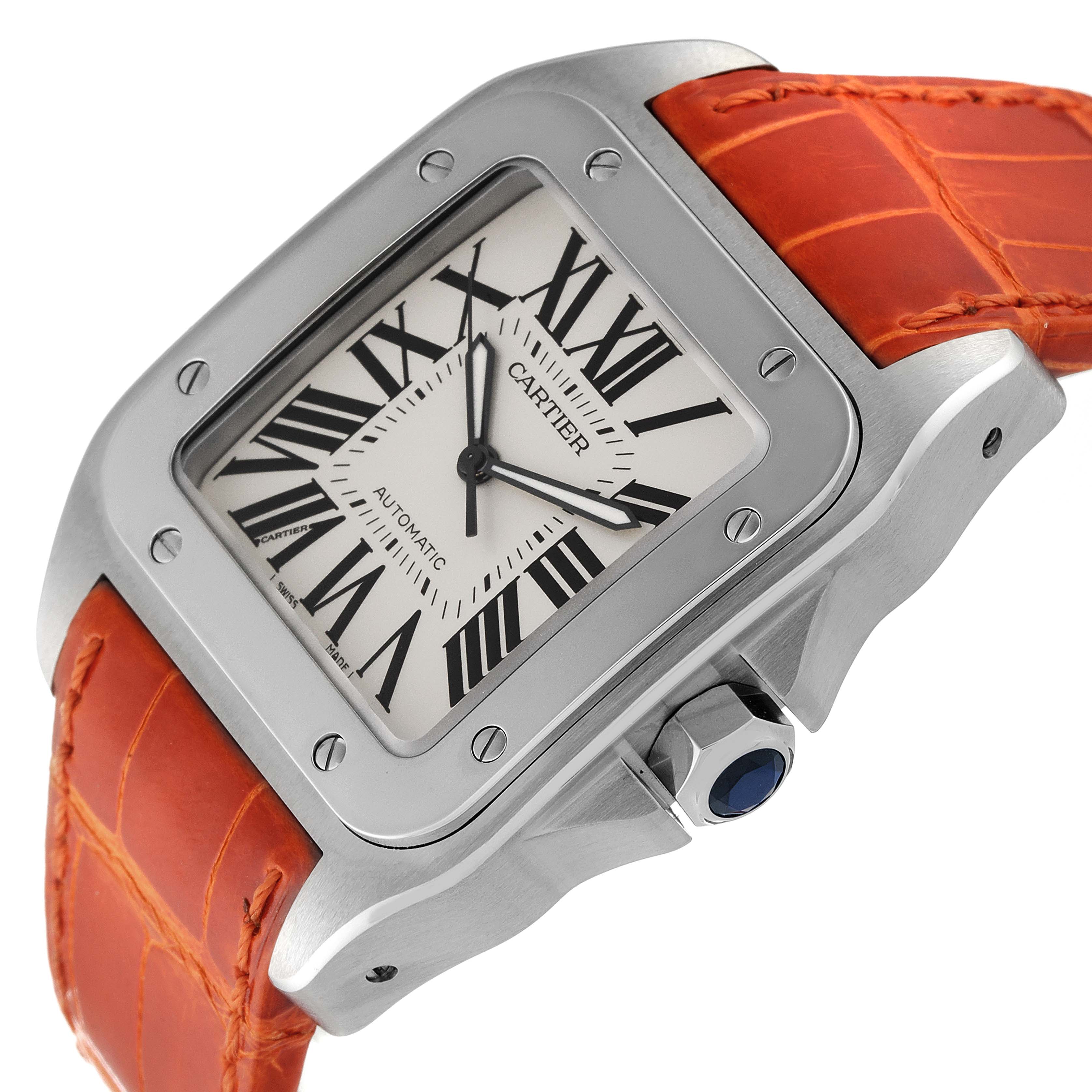 This angled view of the Cartier Santos W20073X8 Men's Stainless Steel Silver Dial W20073X8 Men's Stainless Steel Silver Dial watch shows the dial, bezel, crown, and orange leather strap.