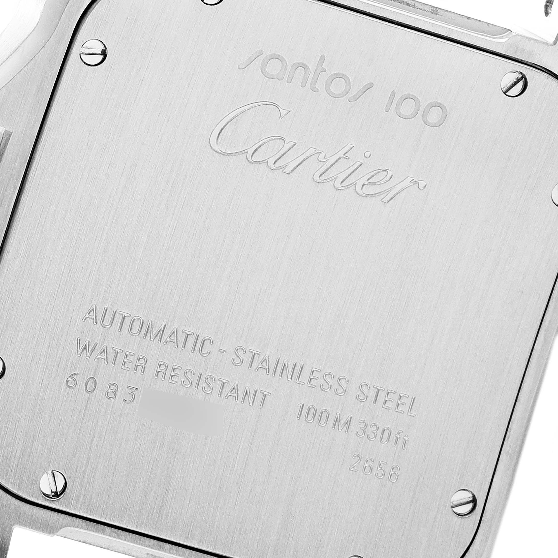 The image displays the back case of a Cartier Santos W20073X8 Men's Stainless Steel Silver Dial W20073X8 Men's Stainless Steel Silver Dial 100, showcasing the model name, brand, and specifications.