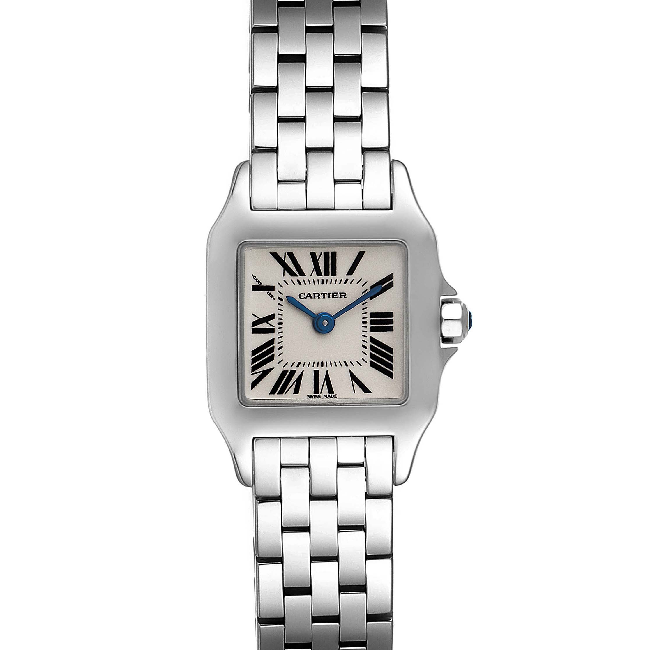 The Cartier Santos Demoiselle W25064Z5 Women's Stainless Steel Silver Dial W25064Z5 Women's Stainless Steel Silver Dial watch is shown from the front, displaying its face and part of its metal bracelet.