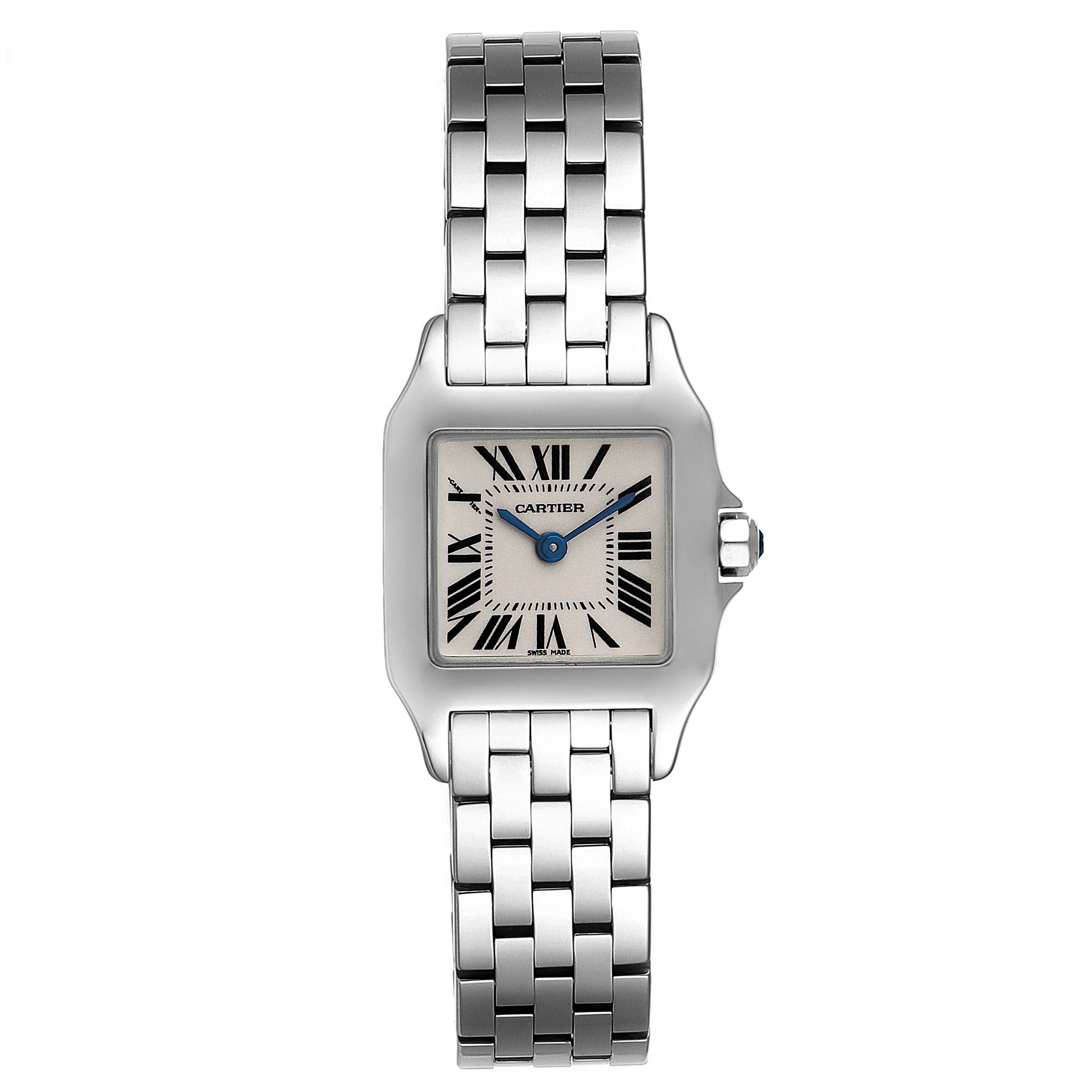 The image shows a frontal view of the Cartier Santos Demoiselle W25064Z5 Women's Stainless Steel Silver Dial W25064Z5 Women's Stainless Steel Silver Dial watch, highlighting its face, bracelet, and crown.