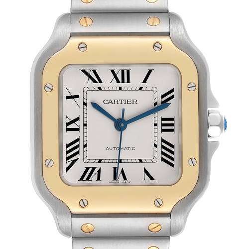 The Cartier Santos watch is shown from the front, highlighting the dial, bezel, and part of the bracelet.