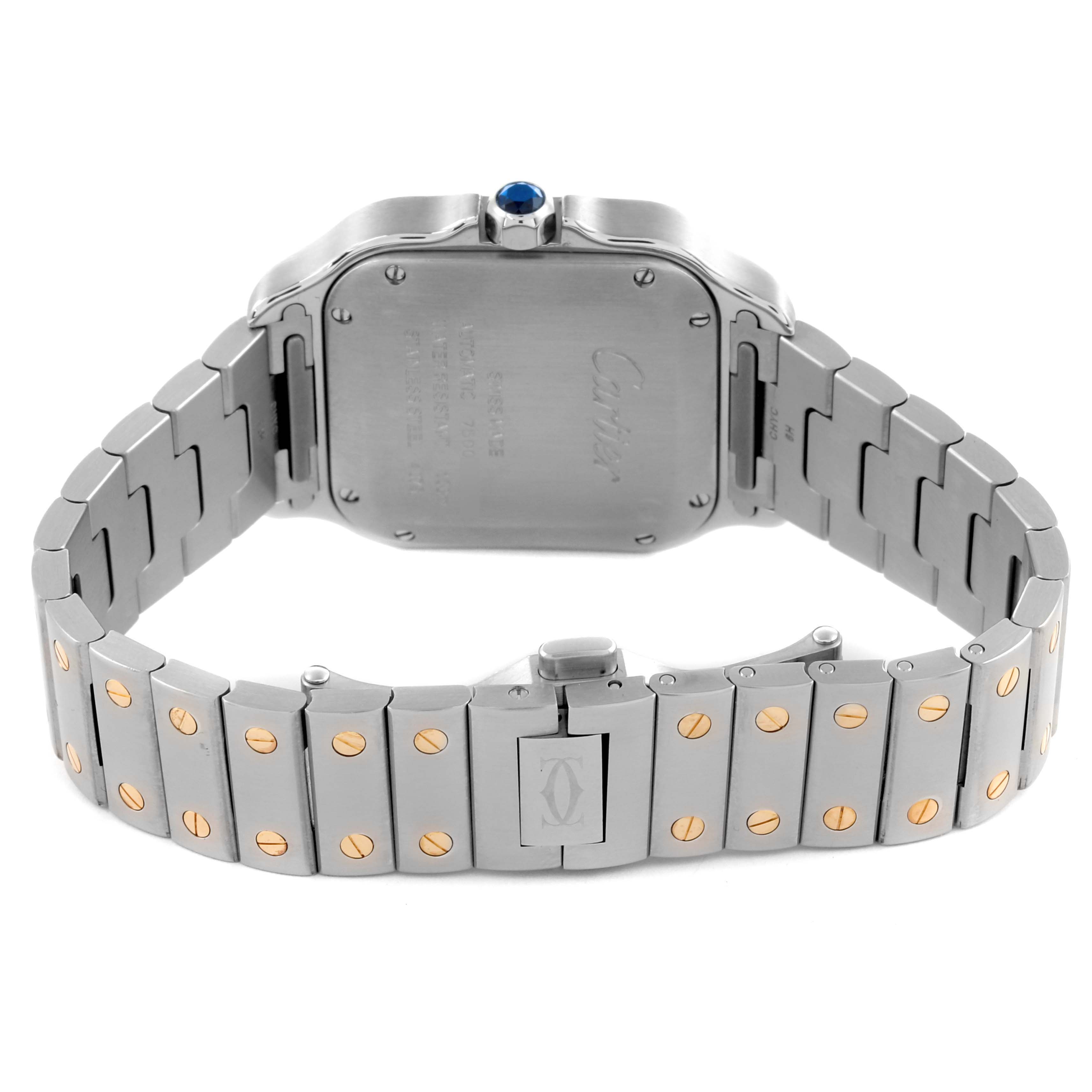 The image shows the back and bracelet of a Cartier Santos W2SA0007 Men's Steel and Gold (two tone) Silver Dial W2SA0007 Men's Steel and Gold (two tone) Silver Dial watch at a rear angle.