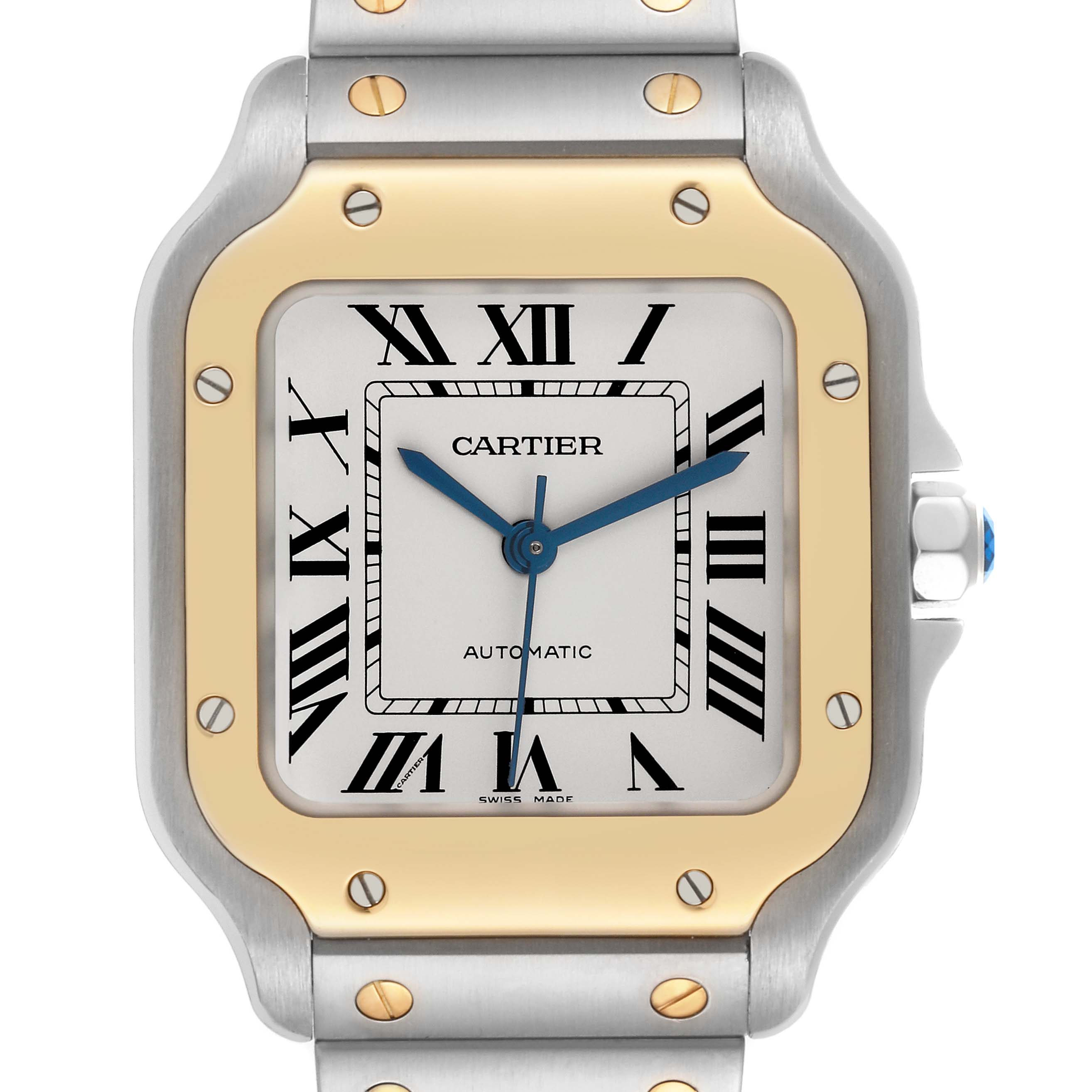 The Cartier Santos W2SA0007 Men's Steel and Gold (two tone) Silver Dial W2SA0007 Men's Steel and Gold (two tone) Silver Dial watch is shown from a front angle, highlighting its face, bezel, and part of the bracelet.