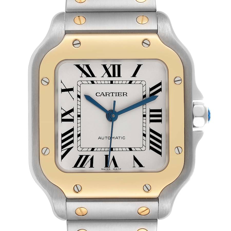 The Cartier Santos watch is shown from a front angle, highlighting its face, bezel, and part of the bracelet.