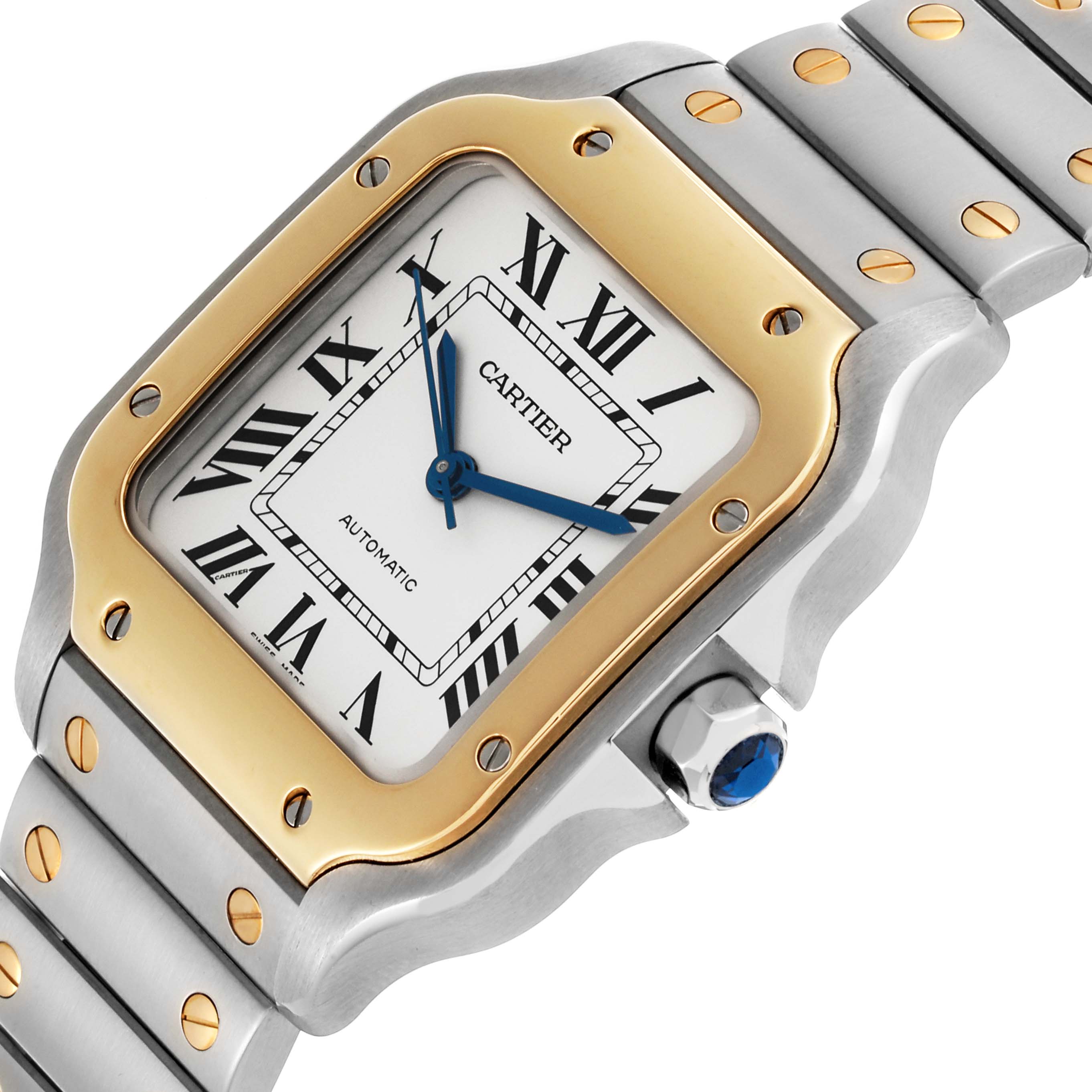 The Cartier Santos W2SA0007 Men's Steel and Gold (two tone) Silver Dial W2SA0007 Men's Steel and Gold (two tone) Silver Dial watch is shown at a close angle, highlighting its face, bezel, crown, and part of the bracelet.