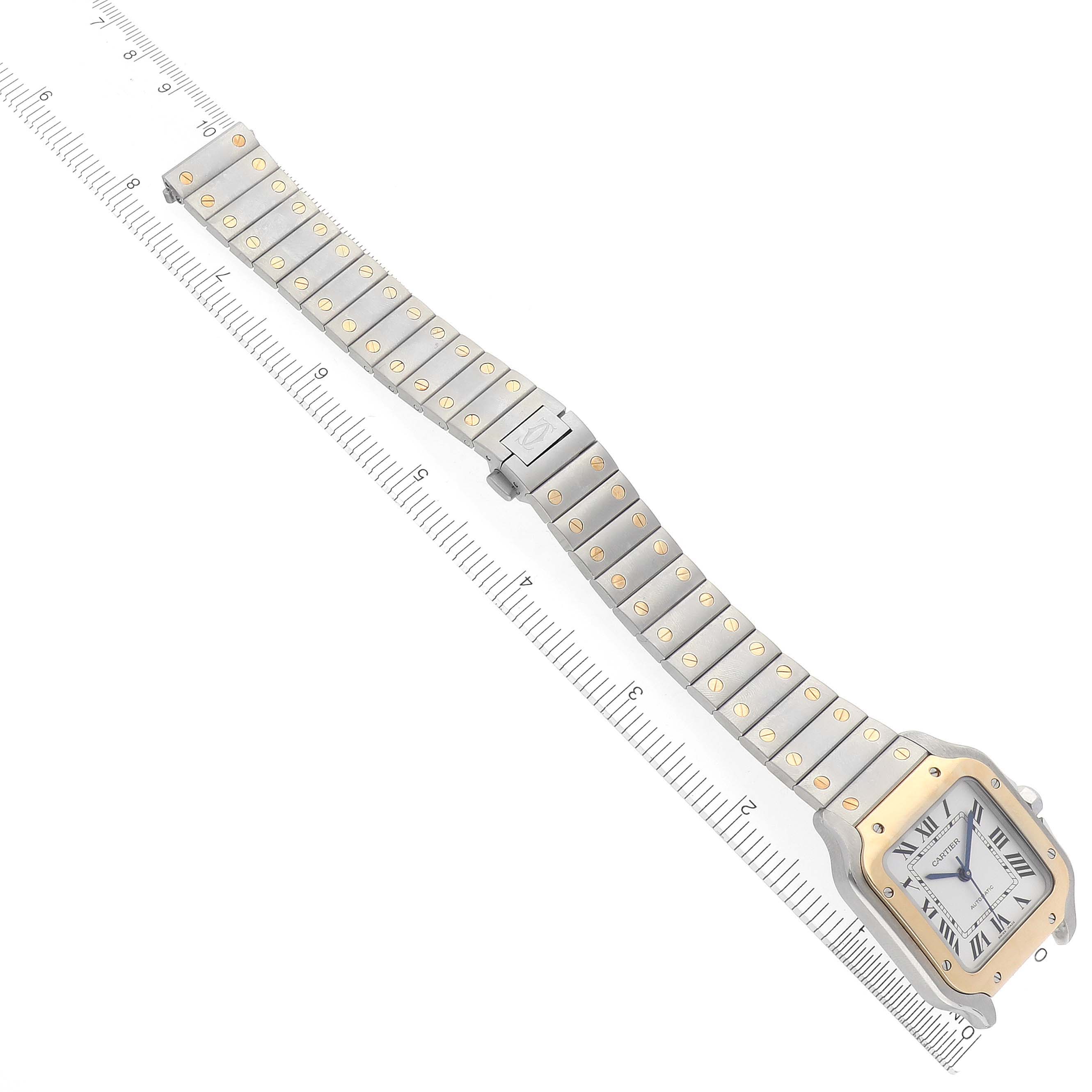 The Cartier Santos W2SA0007 Men's Steel and Gold (two tone) Silver Dial W2SA0007 Men's Steel and Gold (two tone) Silver Dial watch is shown in a top-down angle, displaying the face, bezel, and full length of the bracelet.