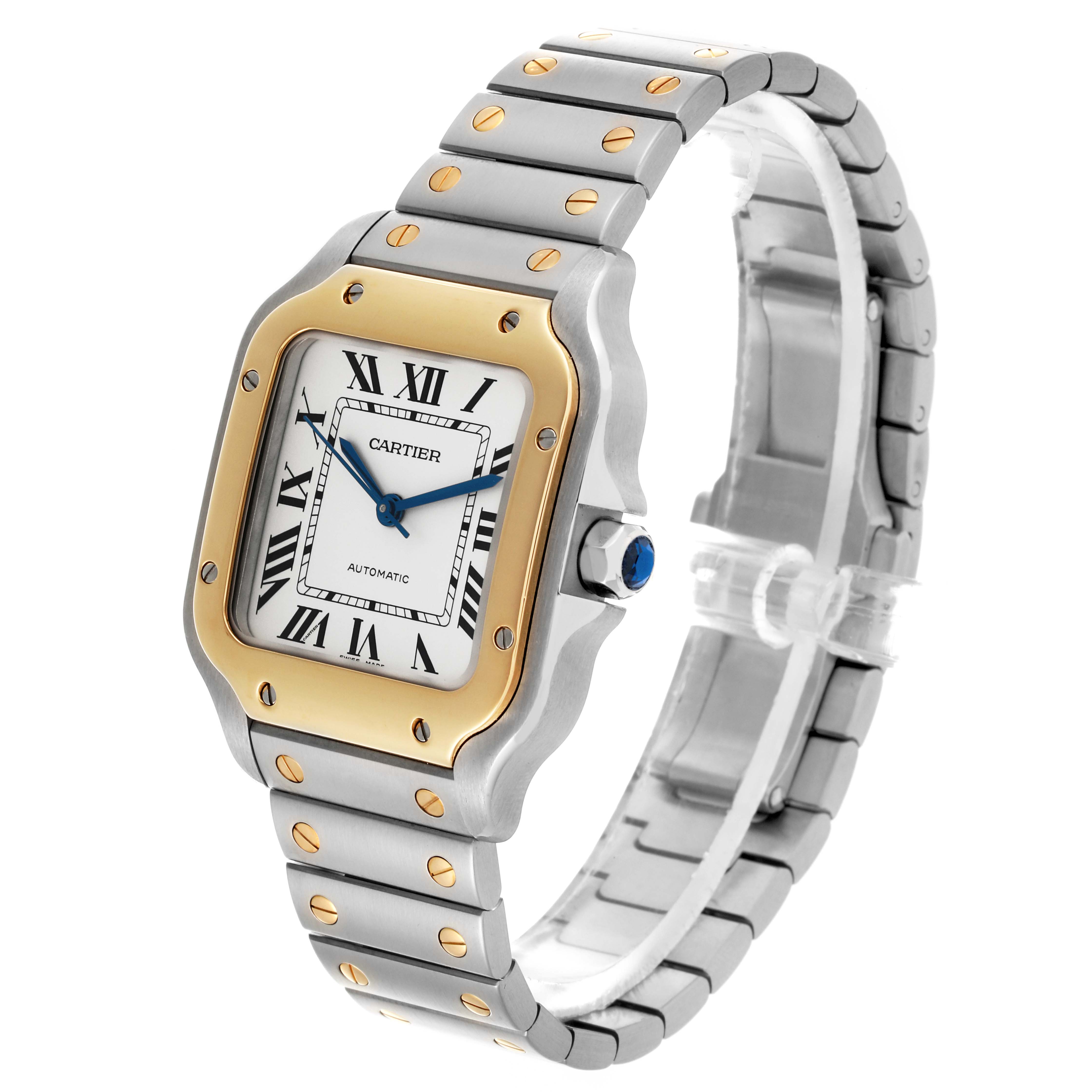 The Cartier Santos W2SA0007 Men's Steel and Gold (two tone) Silver Dial W2SA0007 Men's Steel and Gold (two tone) Silver Dial watch is shown at a three-quarter angle, displaying the face, bezel, and part of the metal bracelet.
