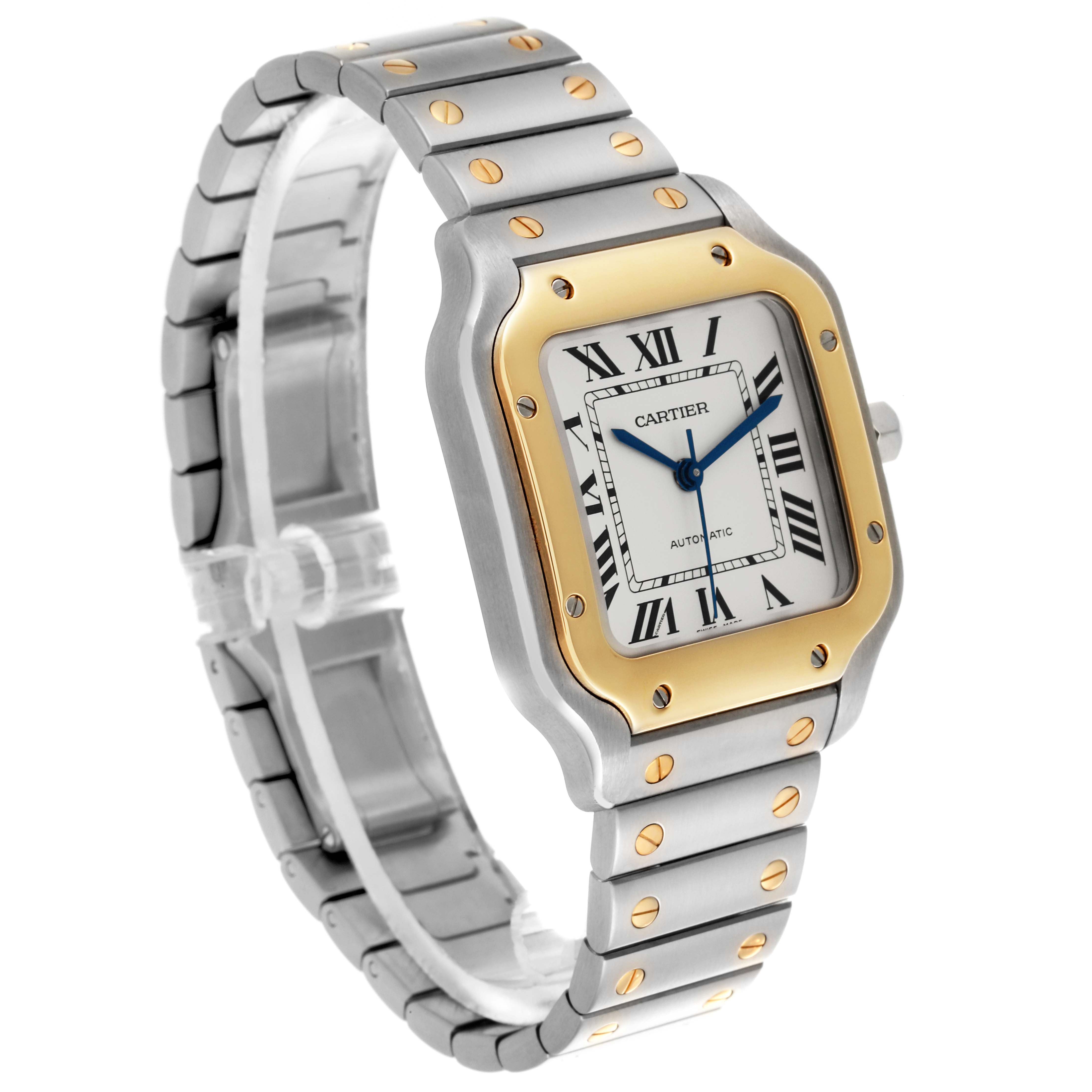 The image shows a Cartier Santos W2SA0007 Men's Steel and Gold (two tone) Silver Dial W2SA0007 Men's Steel and Gold (two tone) Silver Dial watch at an angled side view, displaying the face, bezel, and bracelet.