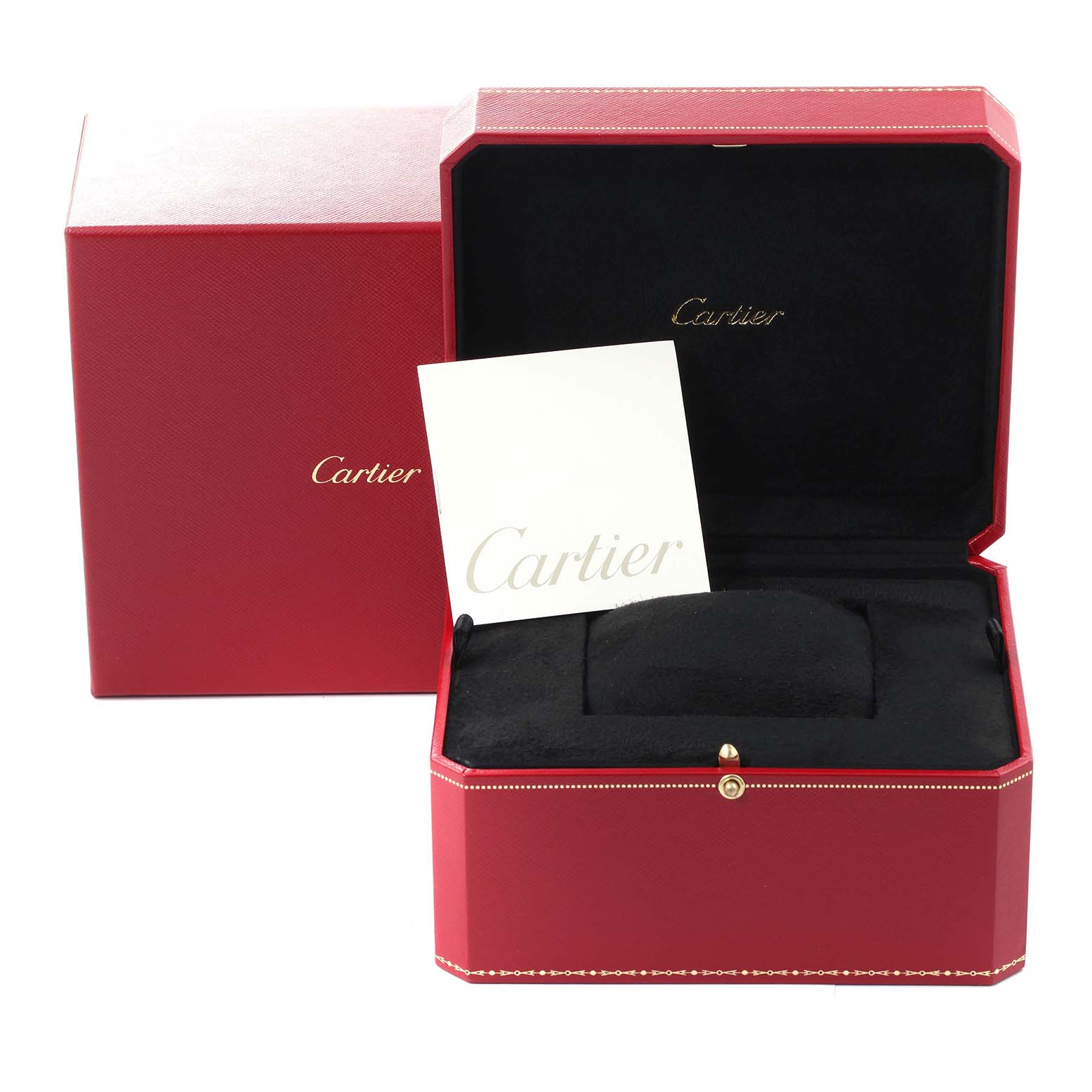 The image shows the red presentation box and warranty card for the Cartier Tank Americaine W2603156 Men
s Yellow Gold Silver Dial W2603156 Men
s Yellow Gold Silver Dial watch.
