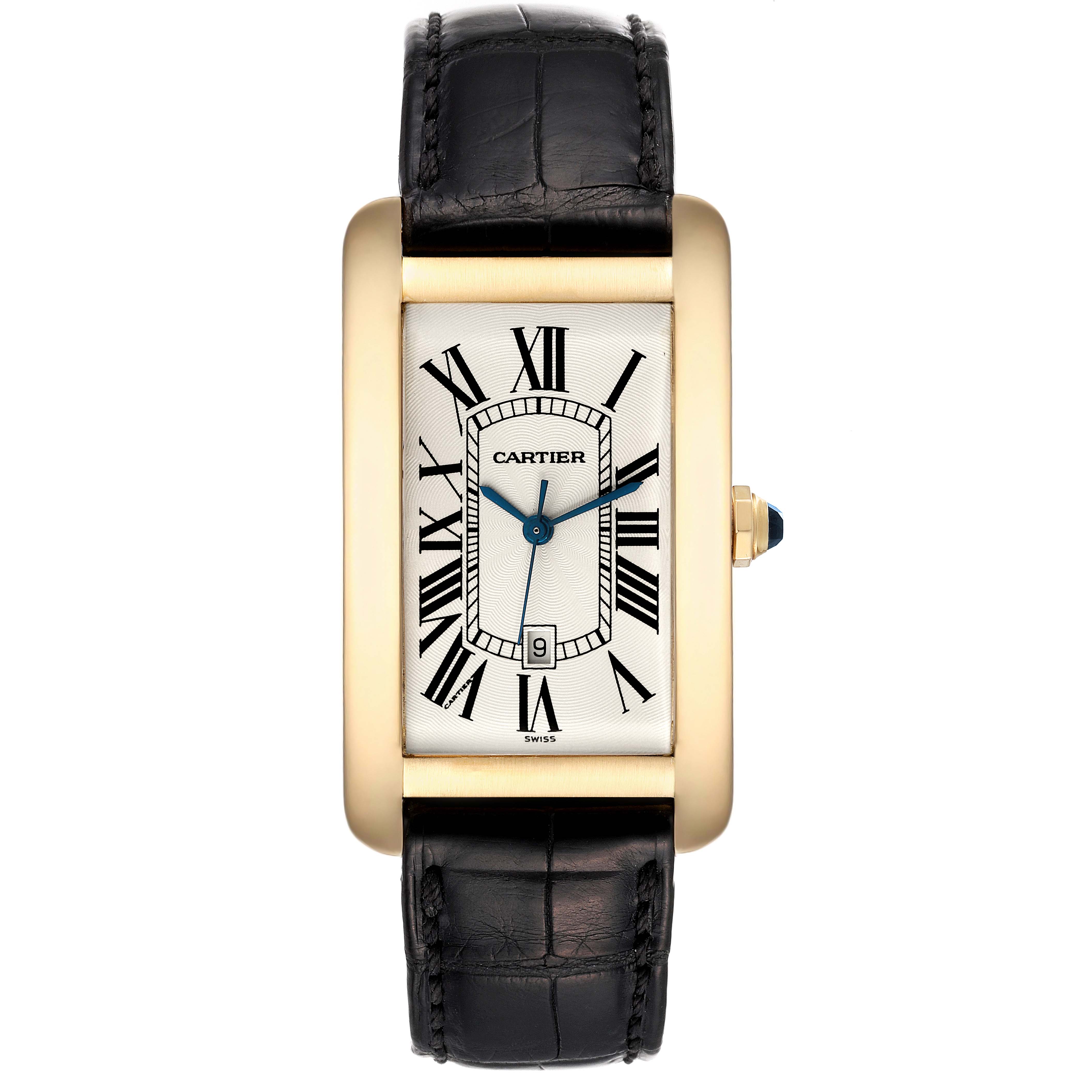 The Cartier Tank Americaine W2603156 Men
s Yellow Gold Silver Dial W2603156 Men
s Yellow Gold Silver Dial watch is shown from a top-down angle, displaying the face, bezel, and strap.
