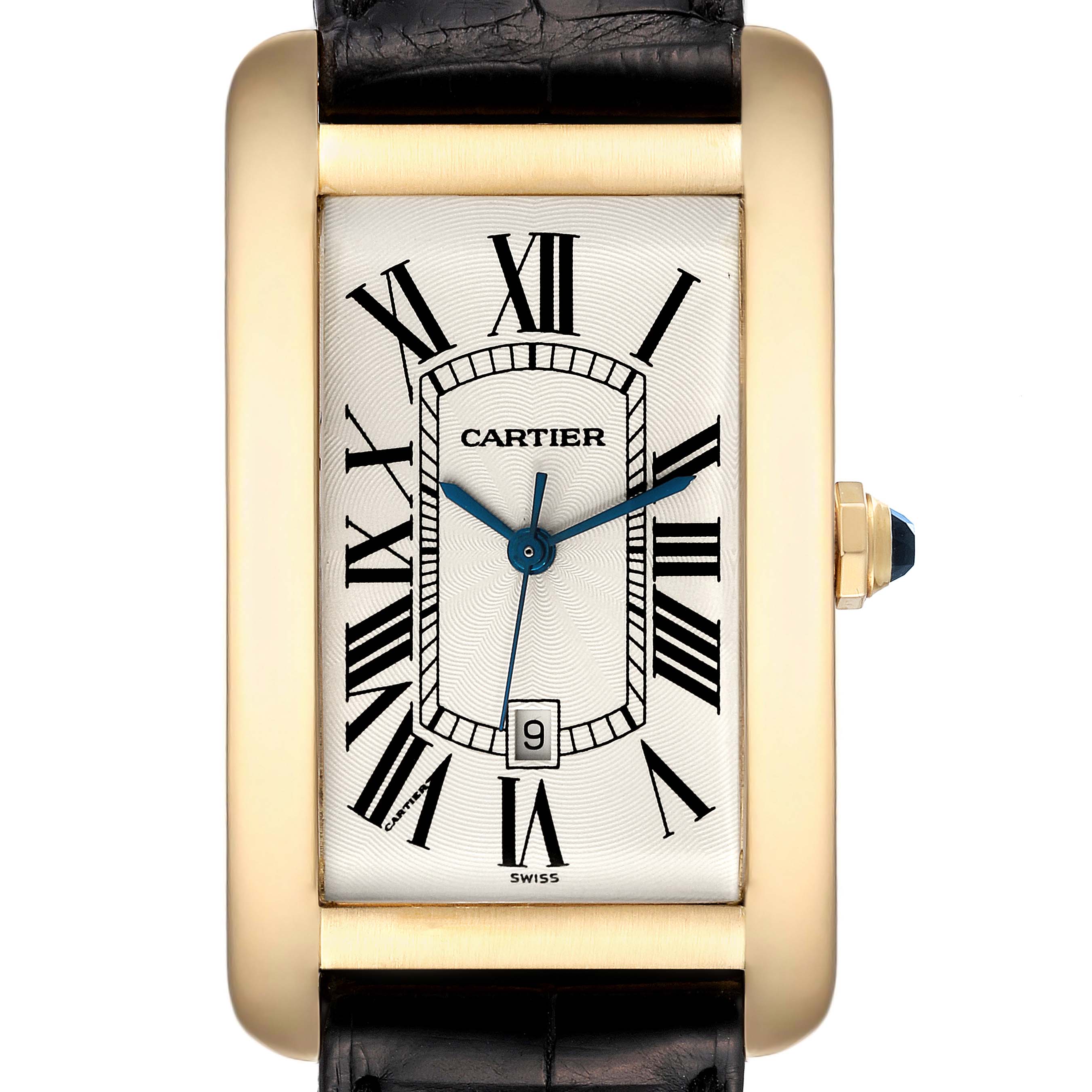 This image shows a front view of the Cartier Tank Americaine W2603156 Men
s Yellow Gold Silver Dial W2603156 Men
s Yellow Gold Silver Dial watch, featuring a gold rectangular case, Roman numeral dial, and blue hands.